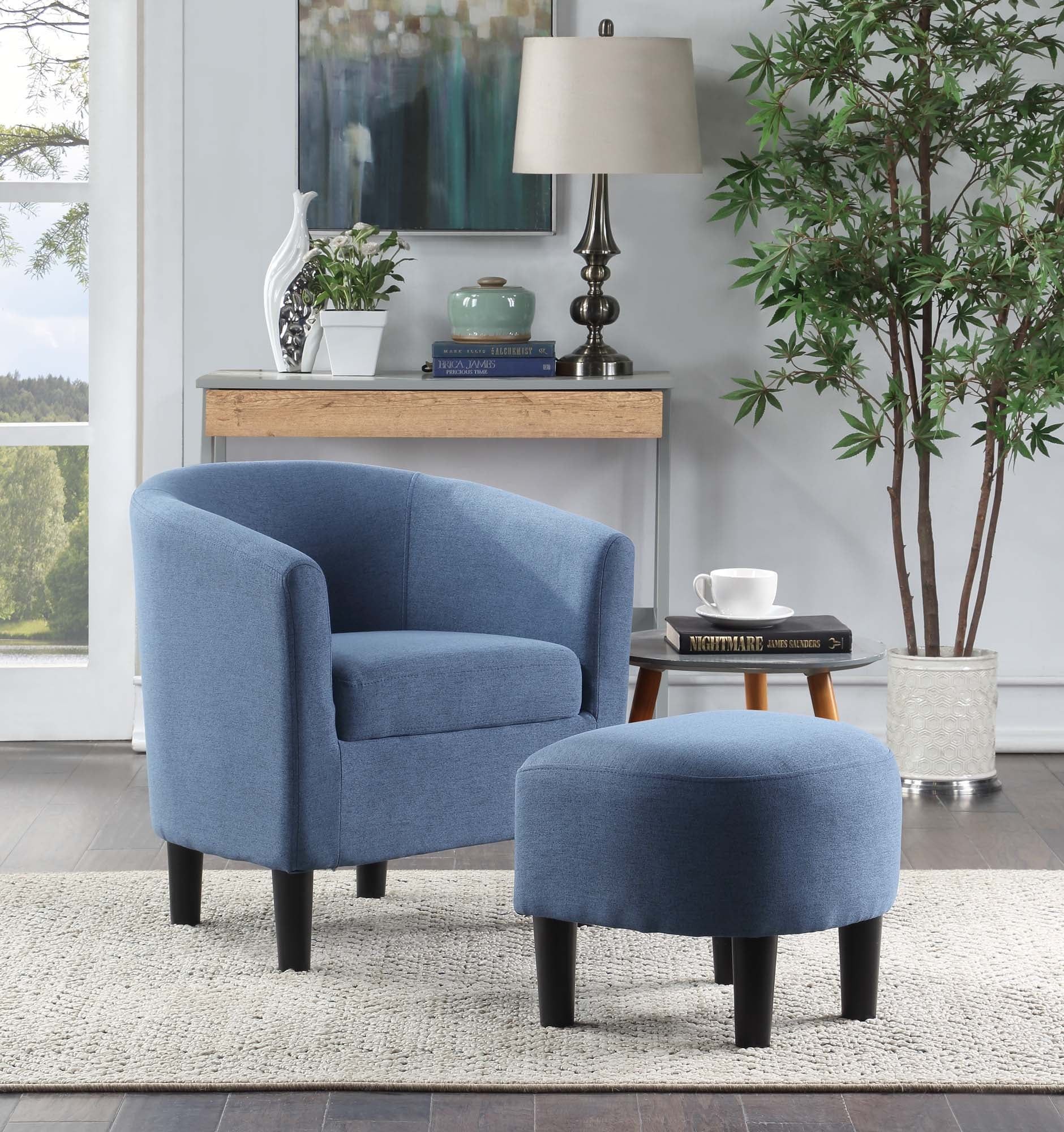 Blue Fabric Barrel Accent Chair with Ottoman