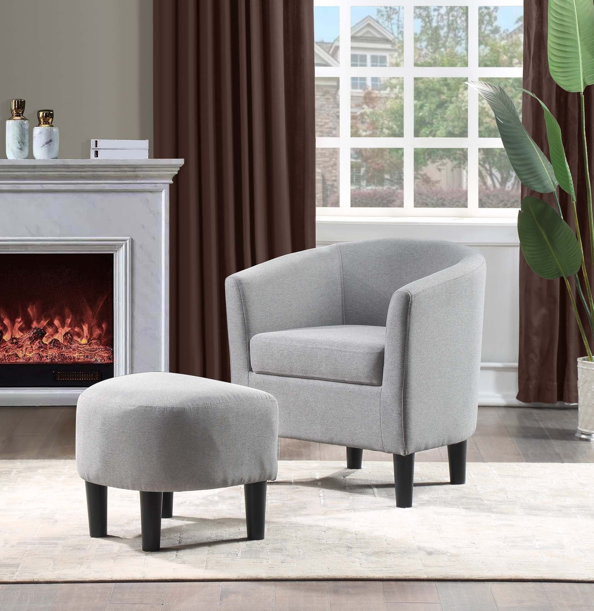 Cement Gray Linen Barrel Accent Chair with Ottoman