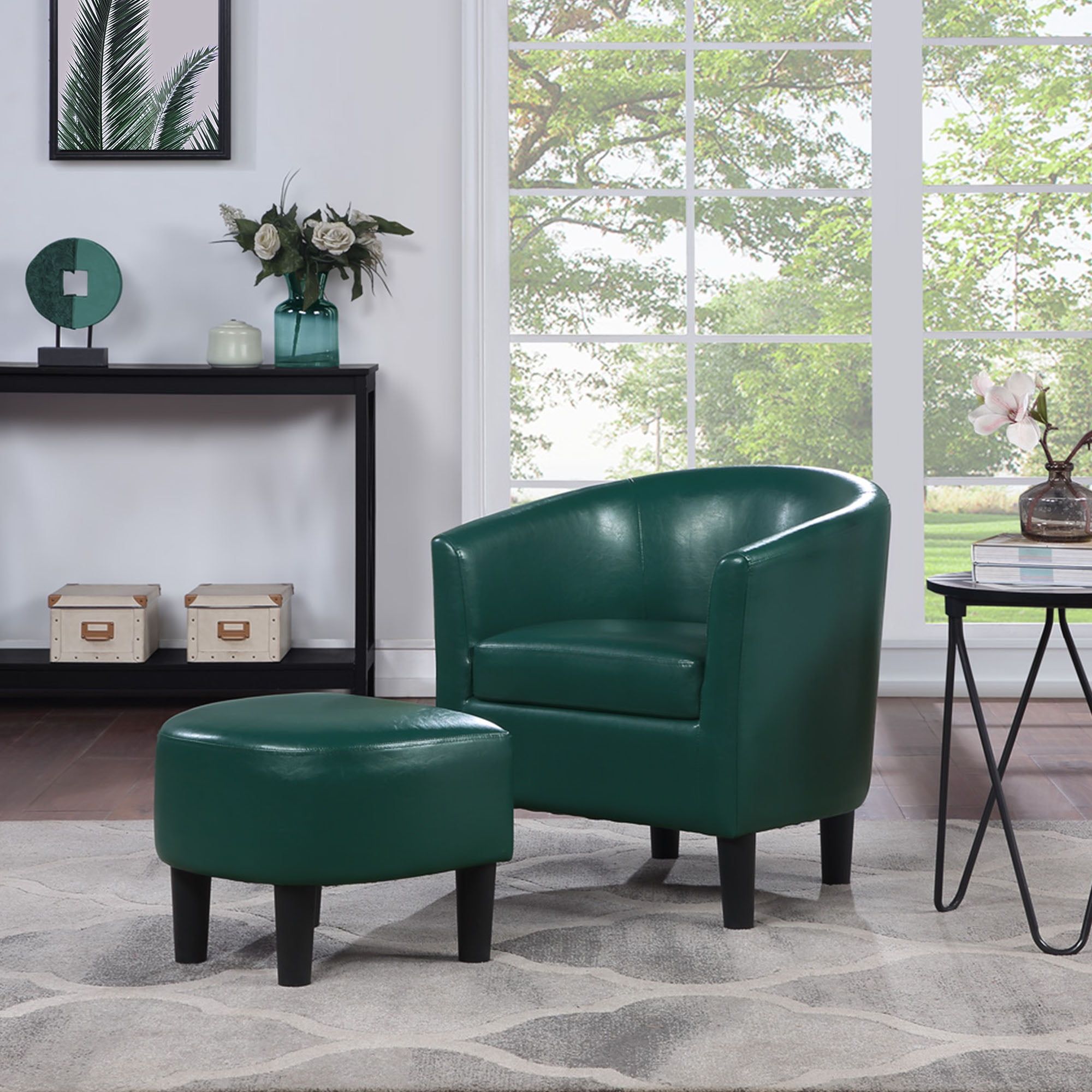 Forest Green Faux Leather Barrel Accent Chair with Ottoman