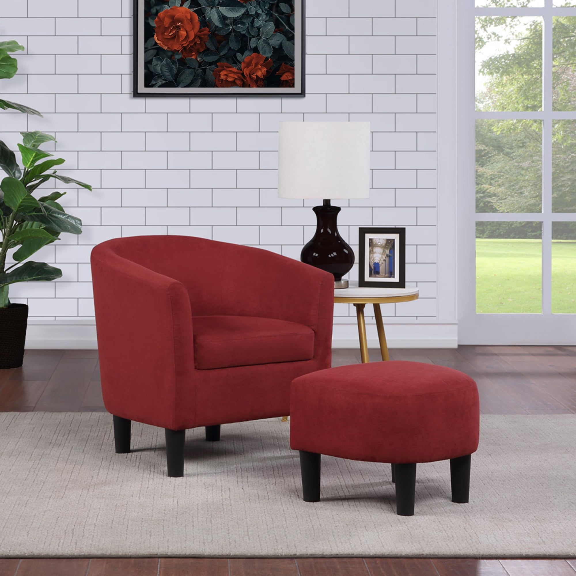 Sustainably Sourced Red Microfiber Barrel Accent Chair with Ottoman