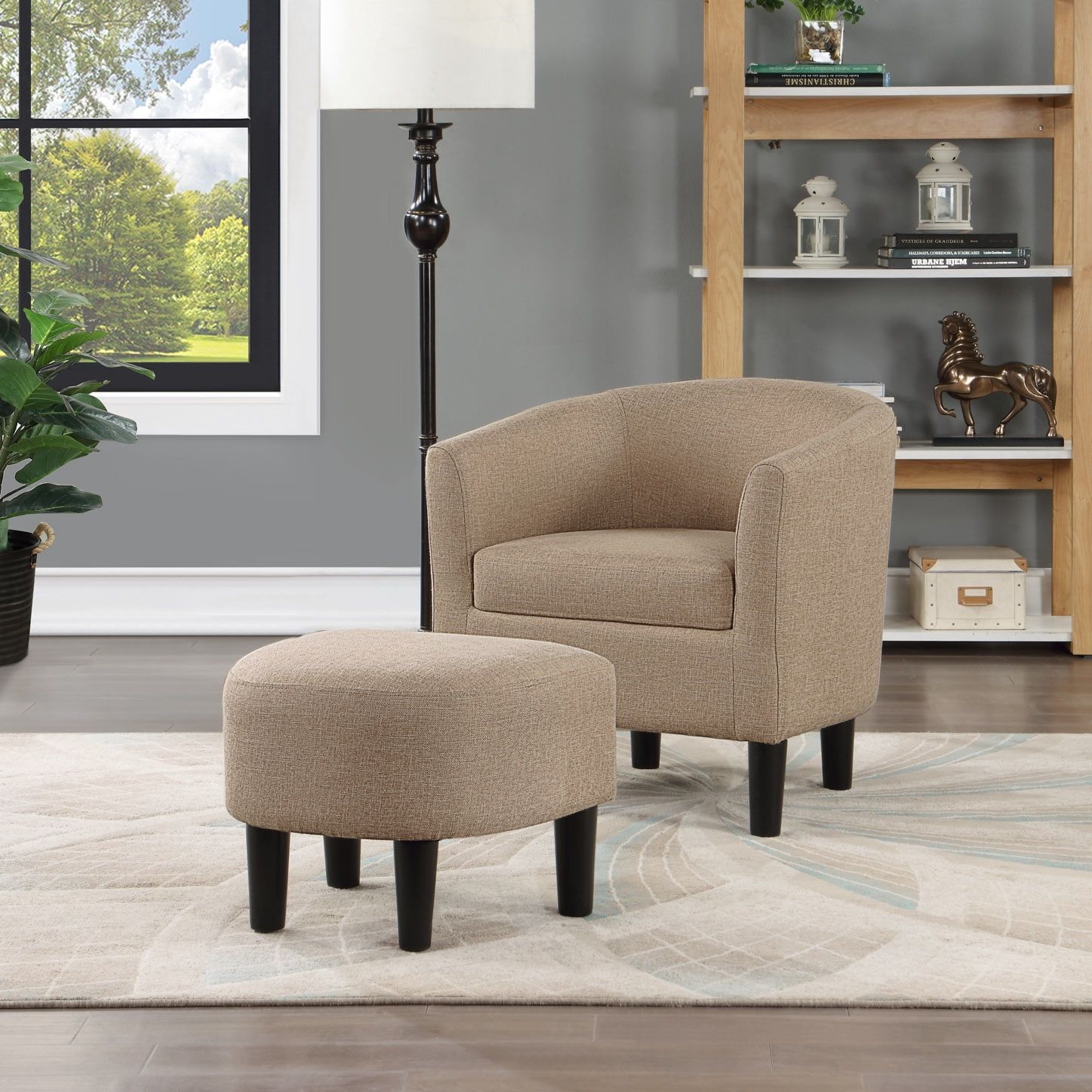 Beige Microfiber Barrel Accent Chair with Ottoman