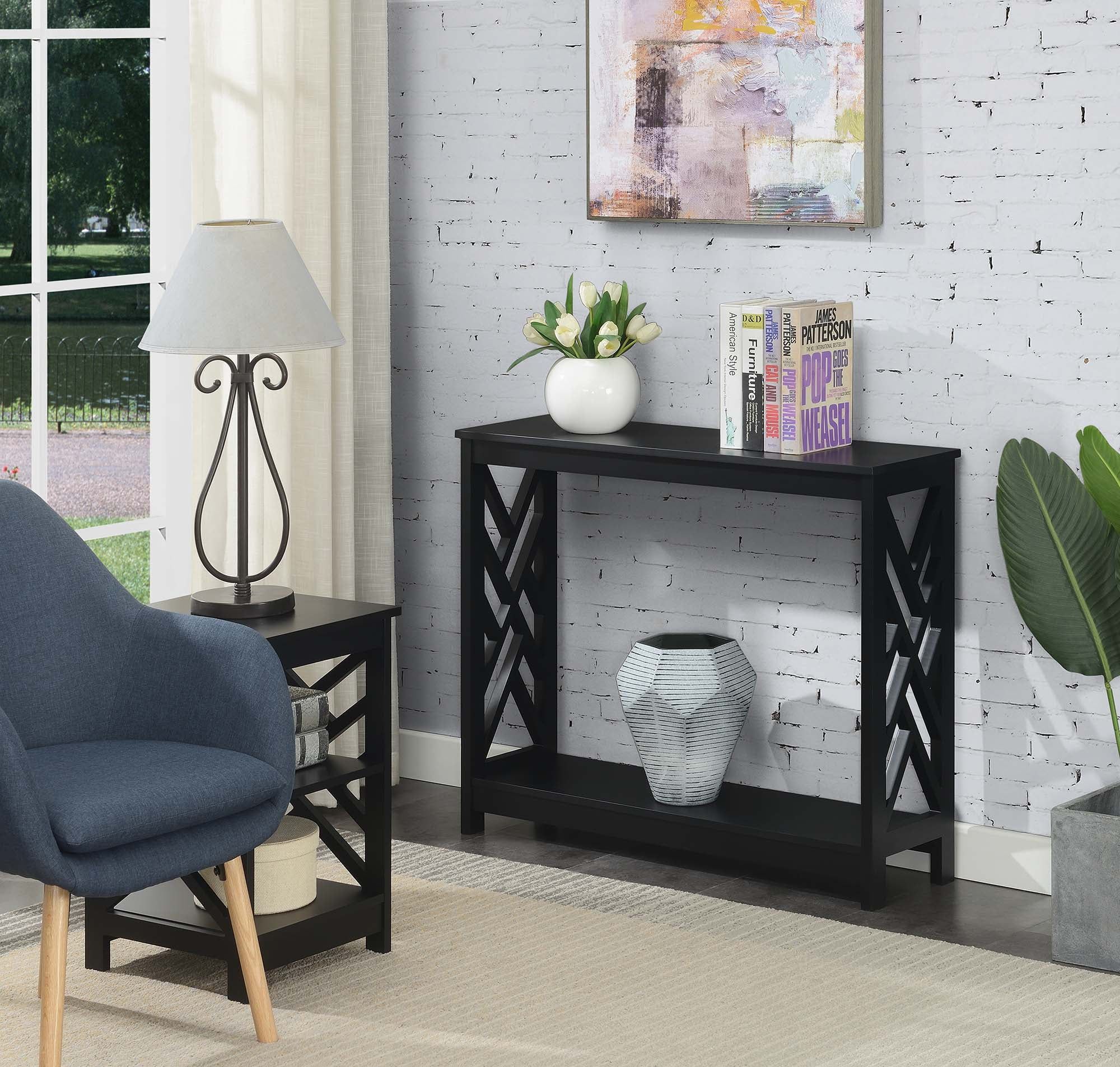 Black MDF Console Table with Shelf and Geometric Panels