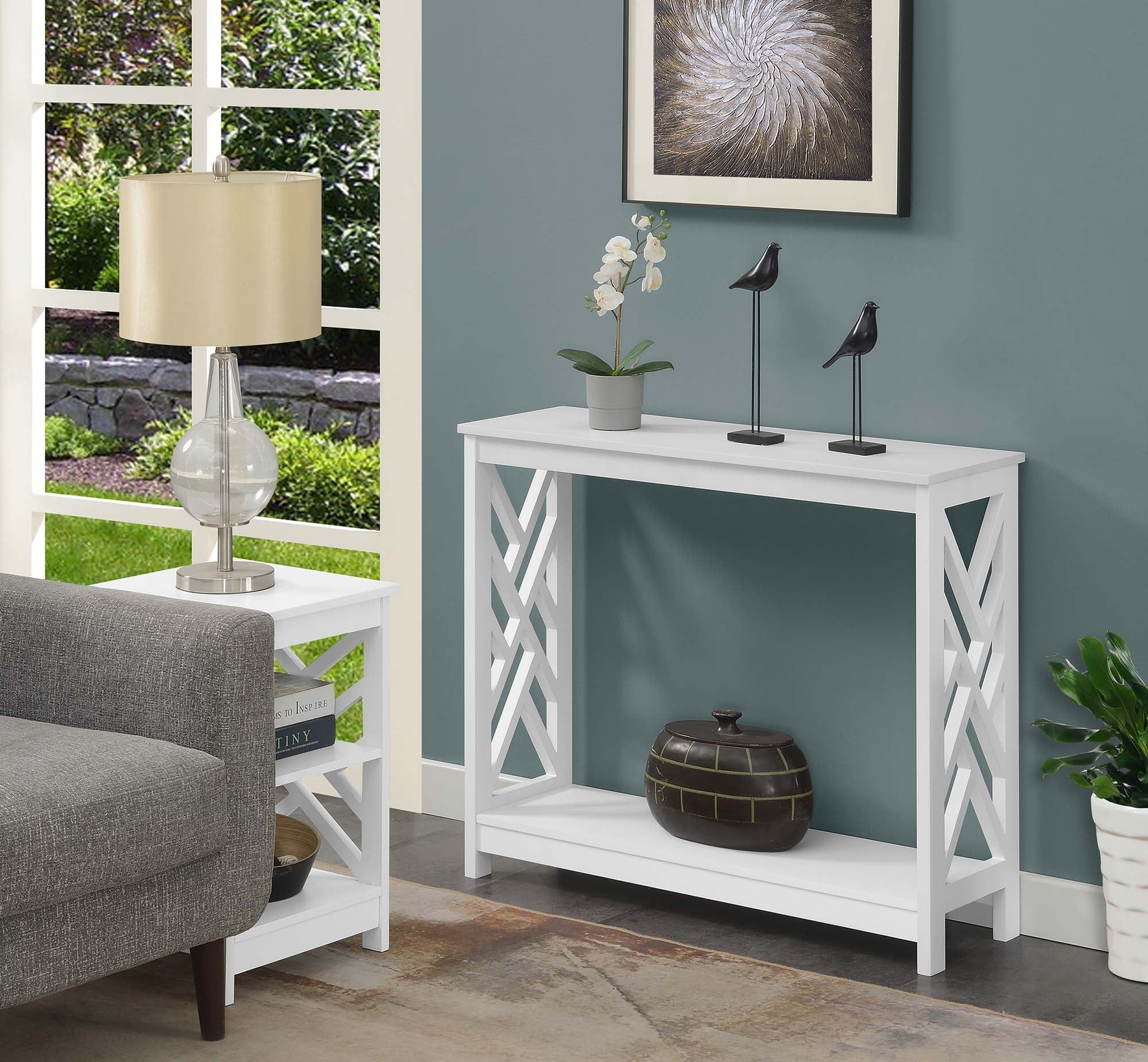 Sleek White Transitional Console Table with Storage Shelf