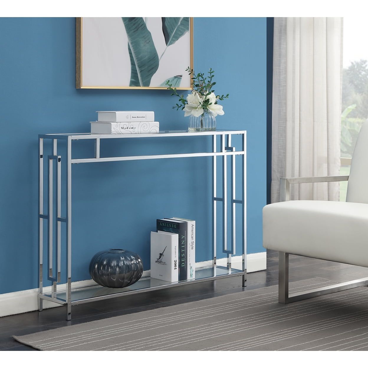 Town Square Chrome and Glass Console Table with Dual Open Shelving