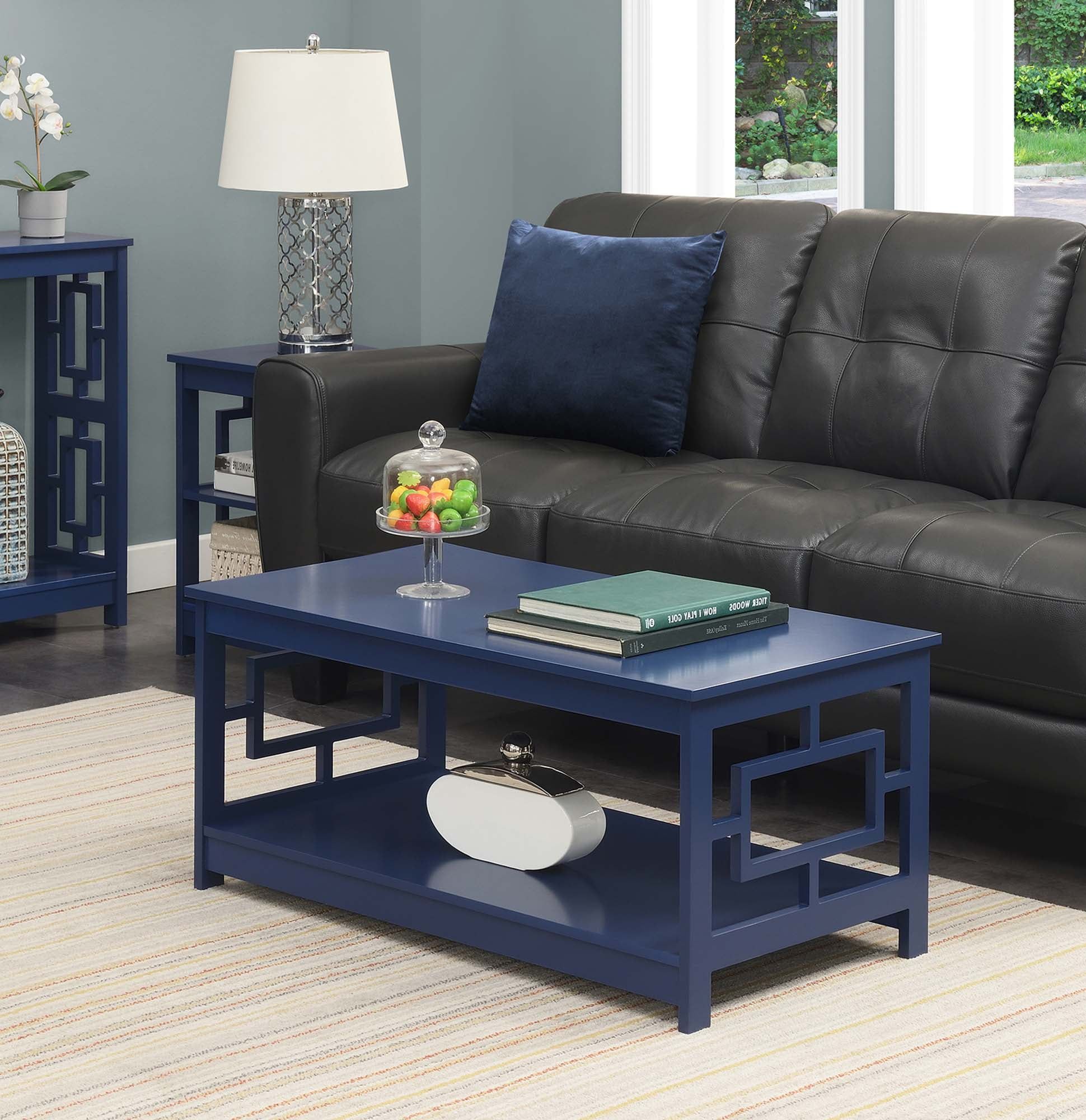 Symmetrical Square Cobalt Blue Wood Coffee Table with Shelf