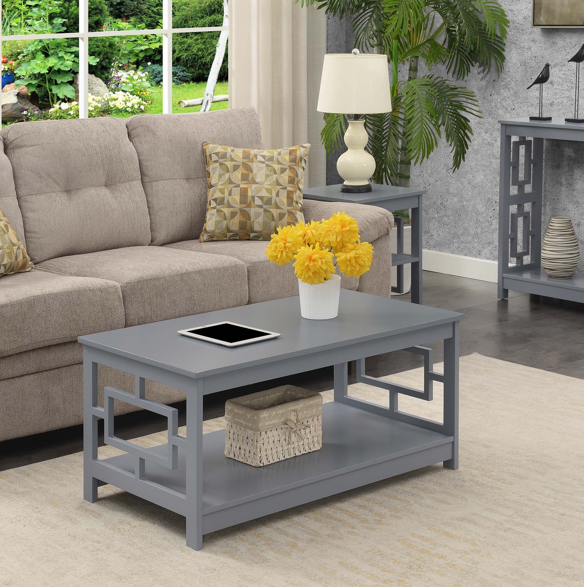 Symmetrical Square Gray Wood Coffee Table with Open Shelf