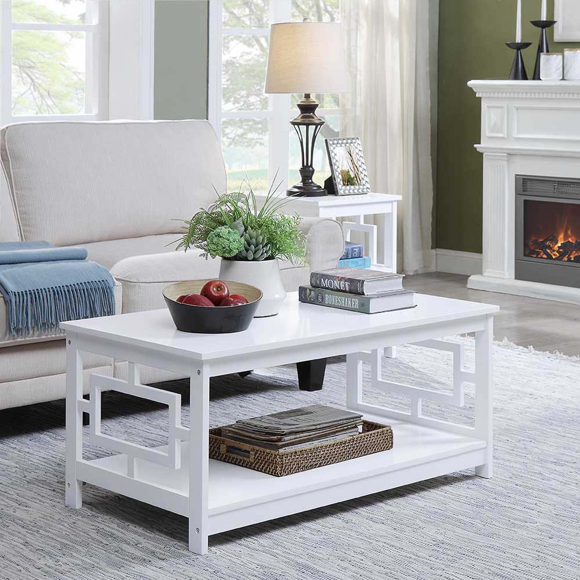 Town Square White Square Wooden Coffee Table with Shelf