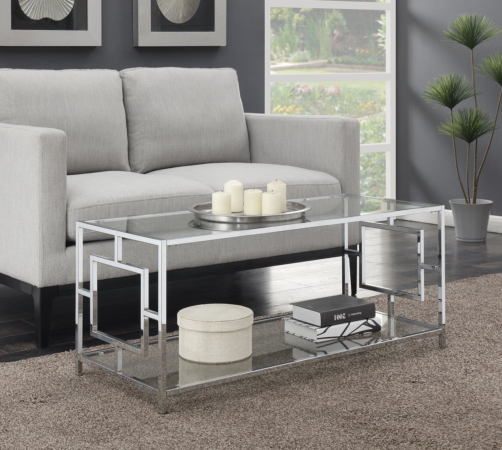 Town Square Chrome and Glass Coffee Table with Two Shelves