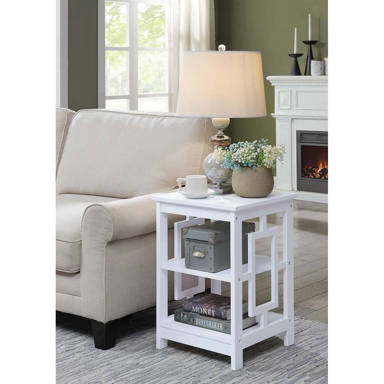 Town Square Asian-Inspired White Wood End Table with Shelves