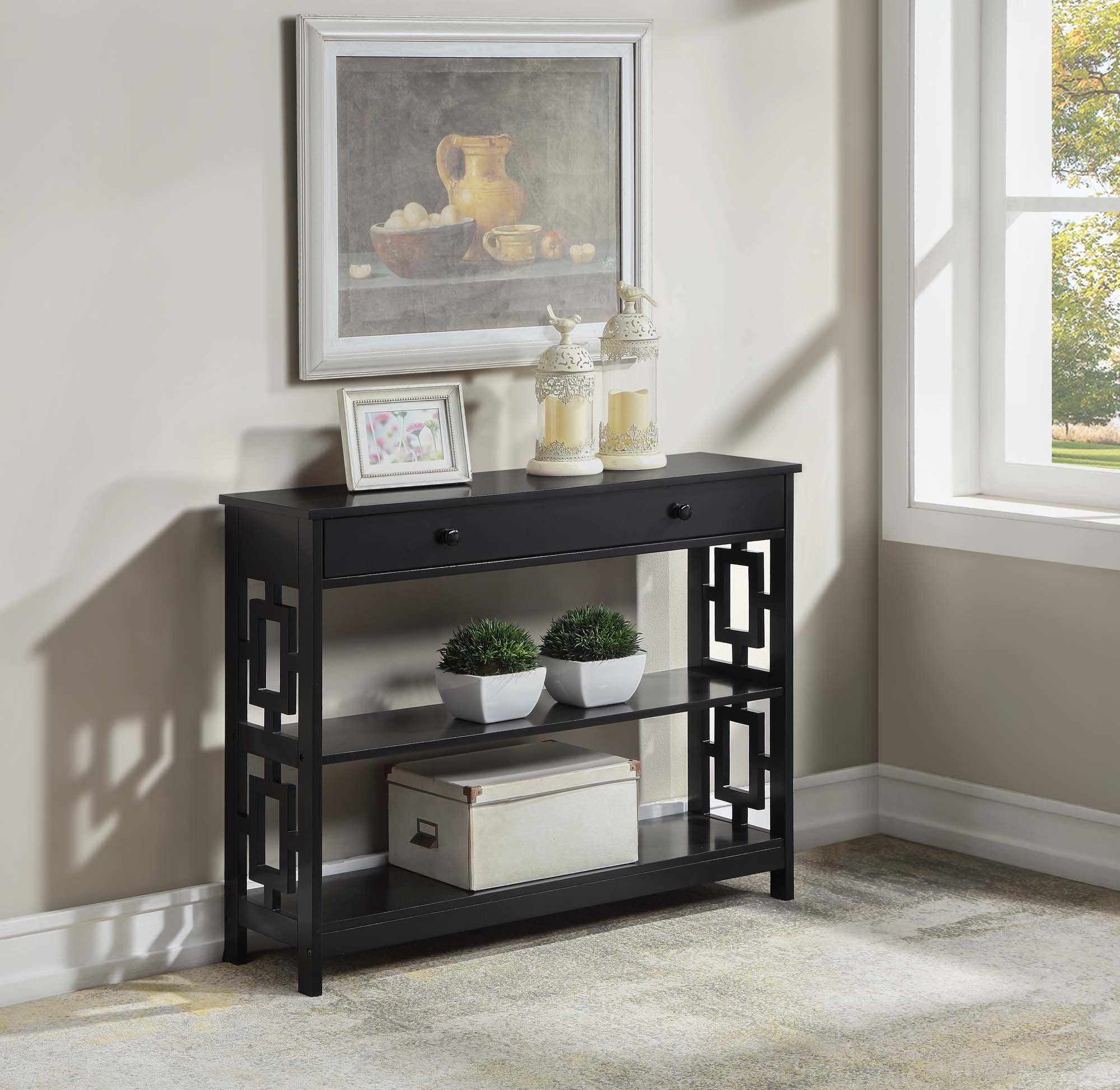 Modern Black Wood Console Table with Storage and Shelves