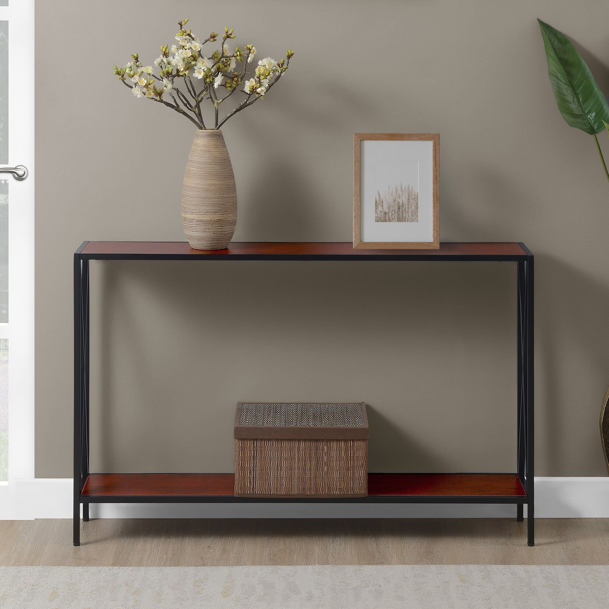 Tucson Modern Cherry & Black Console Table with Storage Shelf