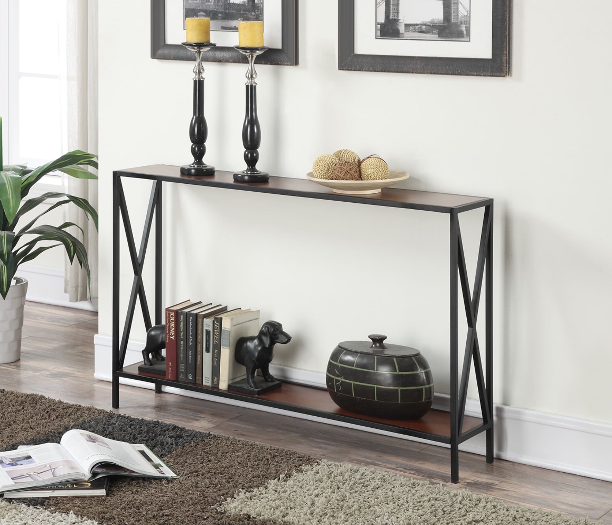 Tucson Modern Cherry & Black Console Table with Storage Shelf