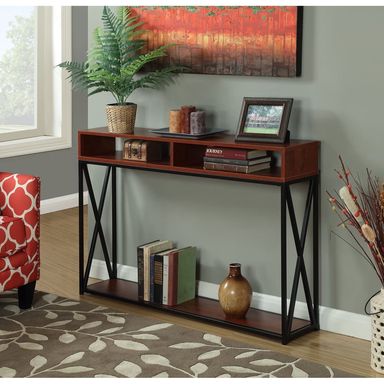 Cherry and Black Deluxe Metal and Wood Console Table with Storage