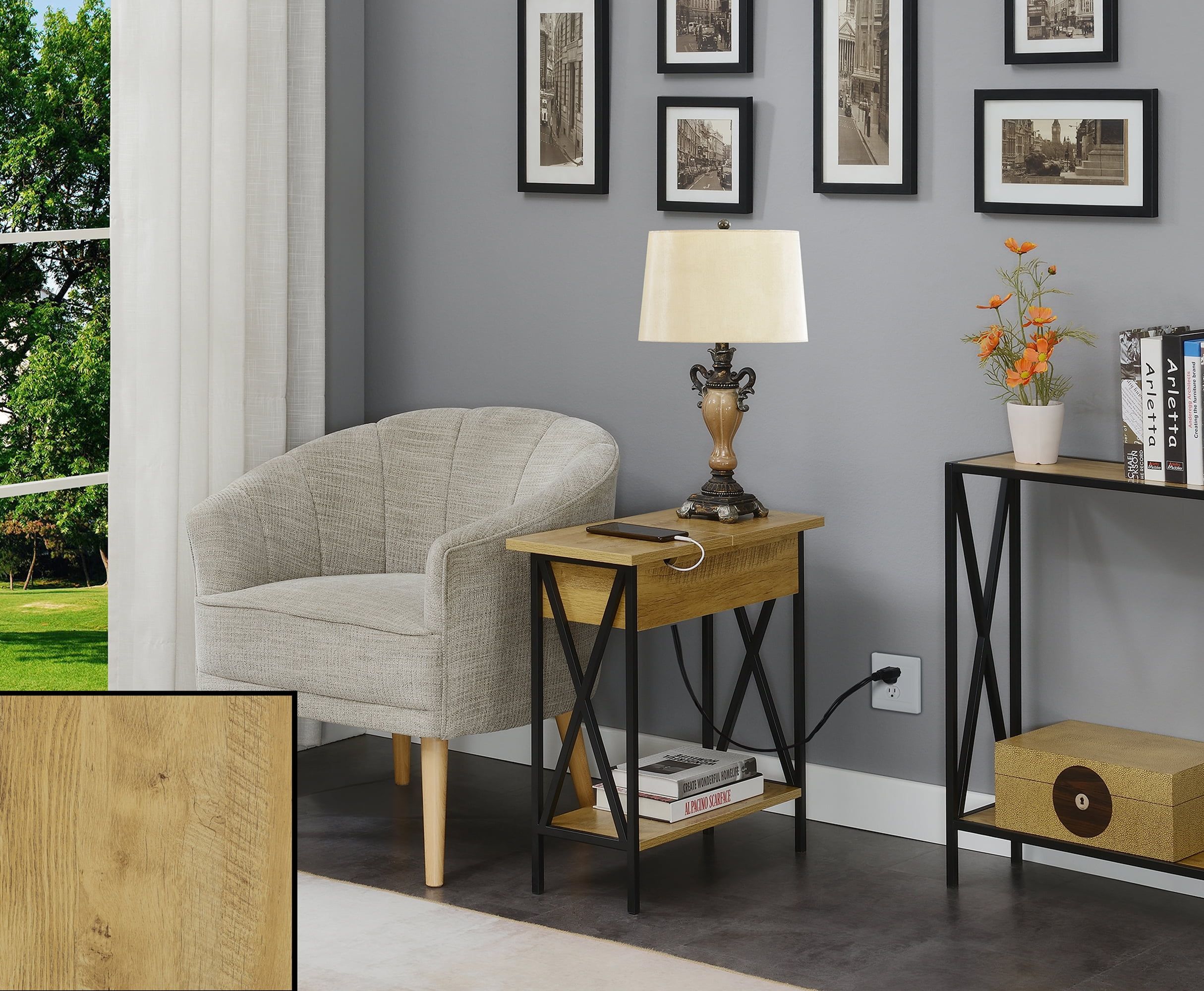 English Oak and Black Rectangular Wood Metal End Table with Storage