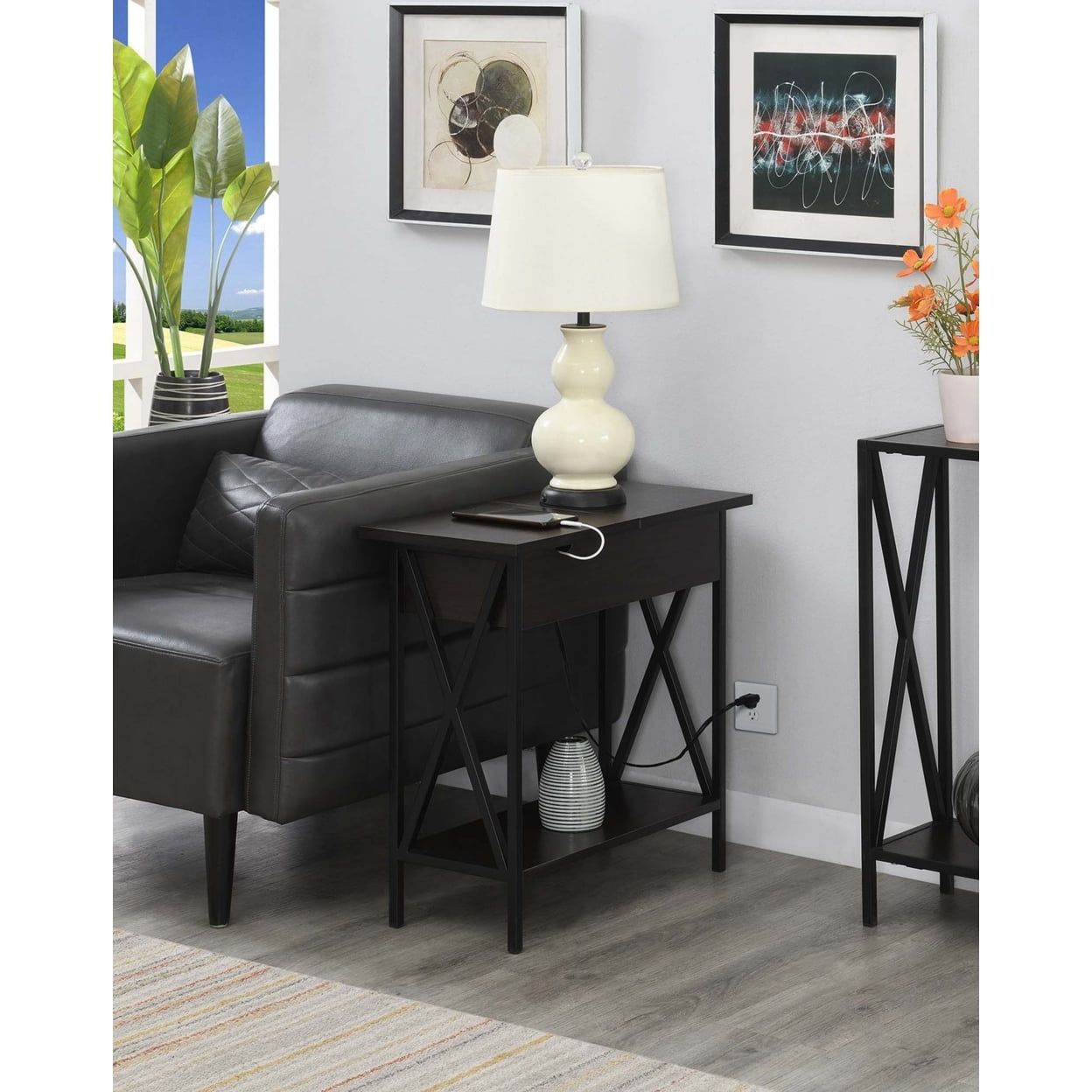 Espresso and Black Wood Metal Square End Table with Charging Station