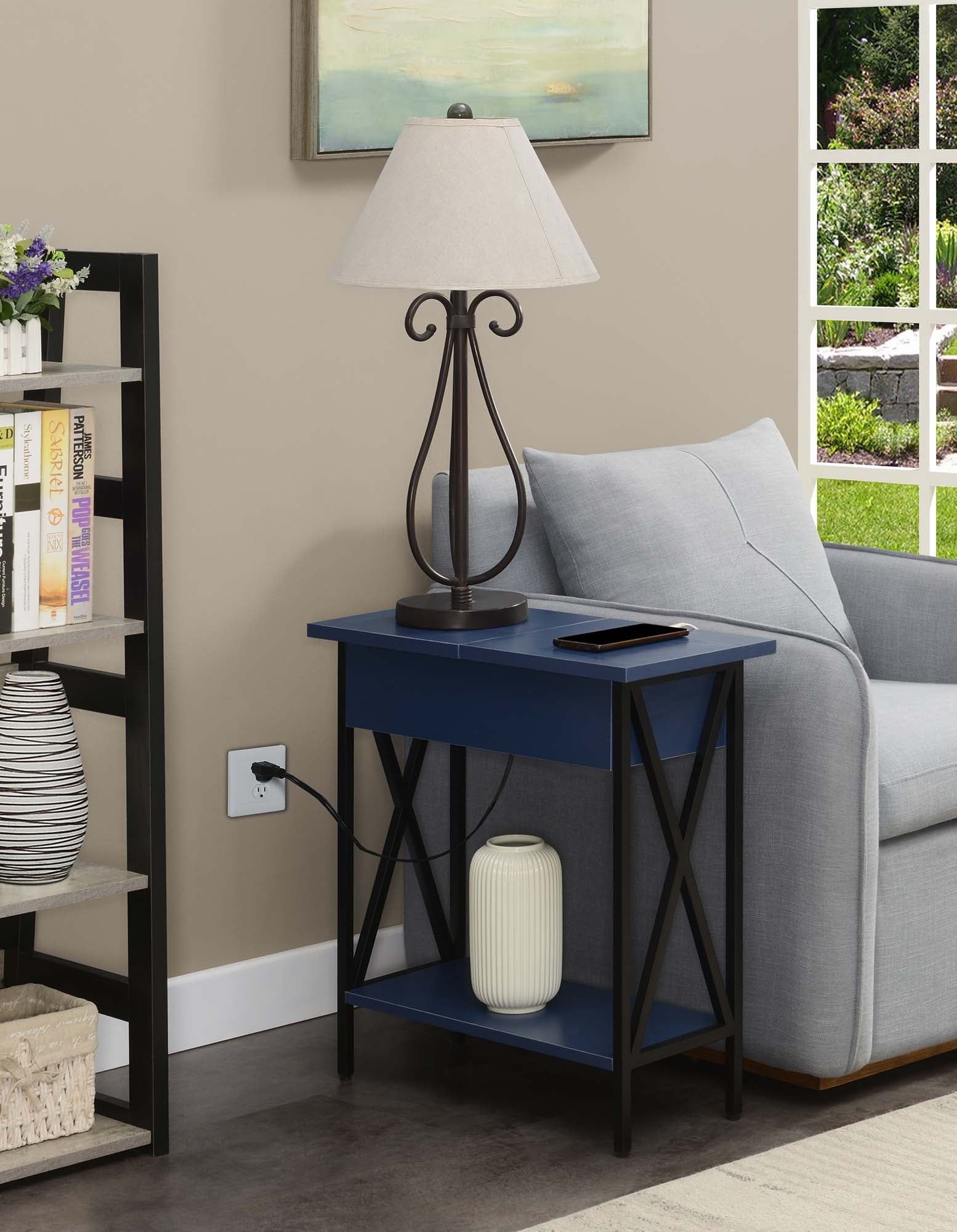 Cobalt Blue and Black Wood Metal End Table with Charging Station