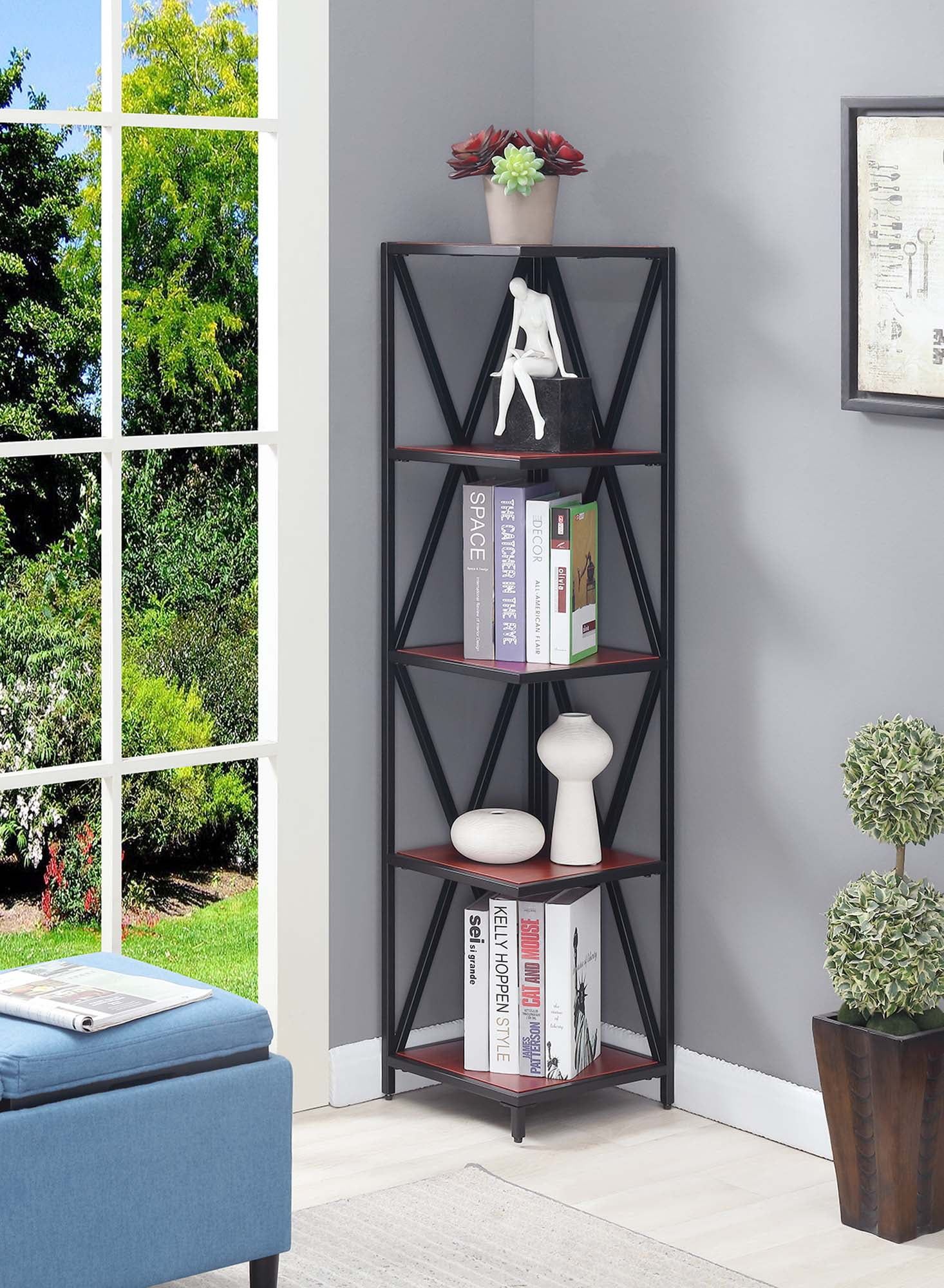 Cherry and Black 5-Tier Corner Metal Bookcase