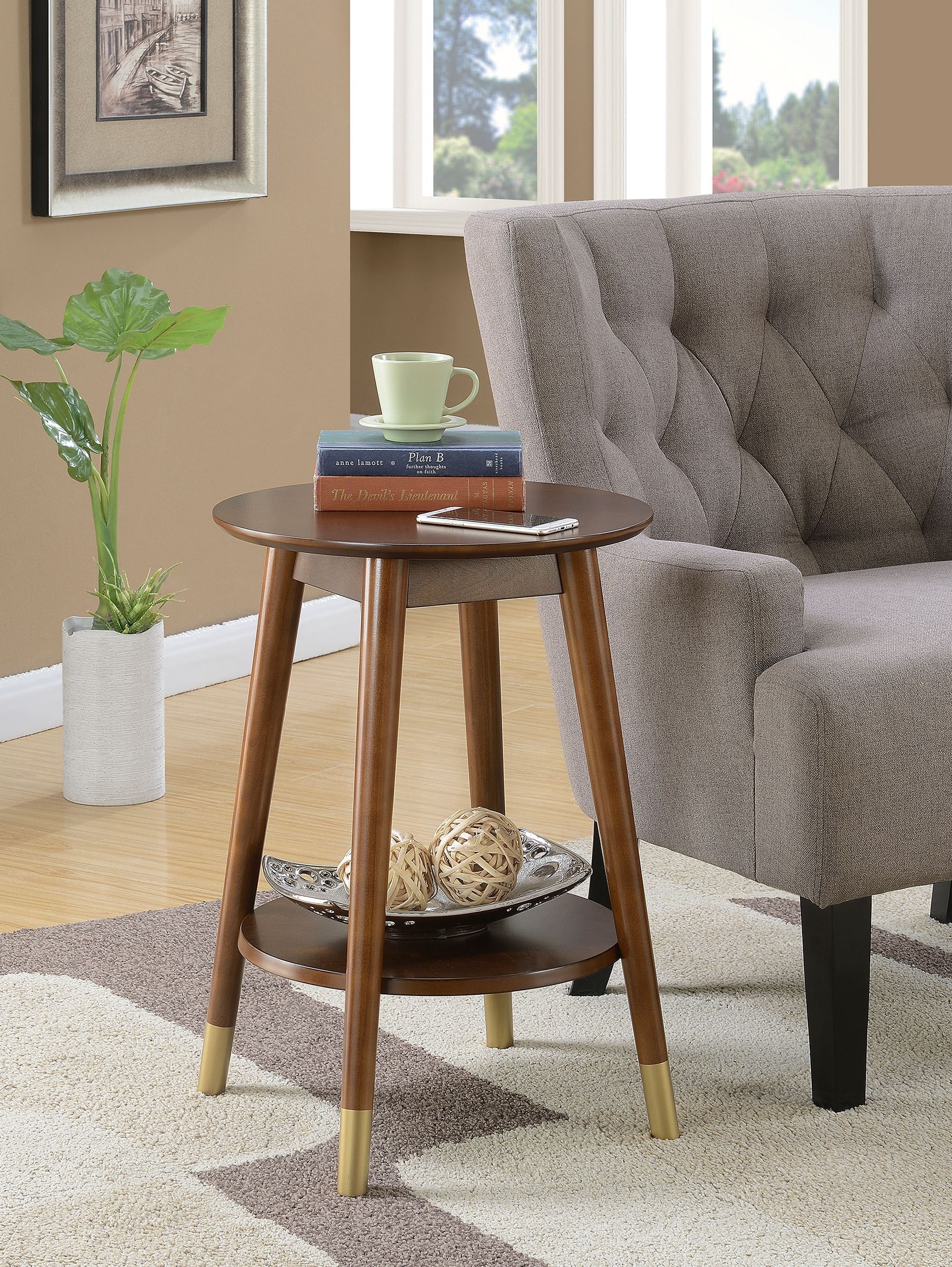 Espresso Wilson Mid-Century Round End Table with Shelf