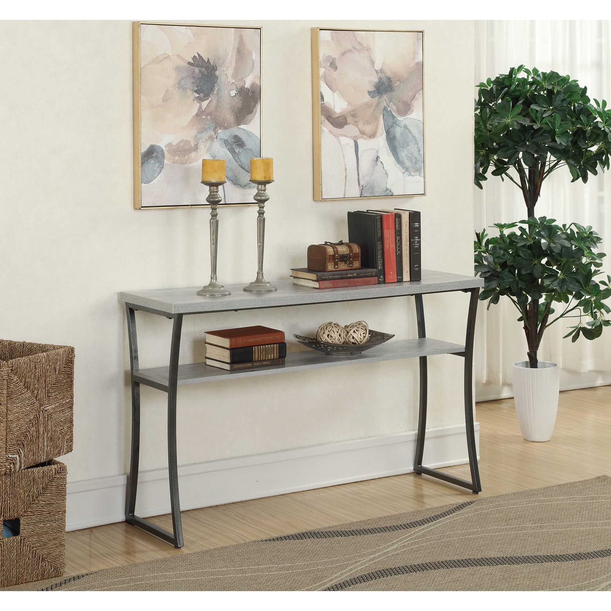 Modern Faux Birch and Slate Gray Metal Console Table with Storage Shelf