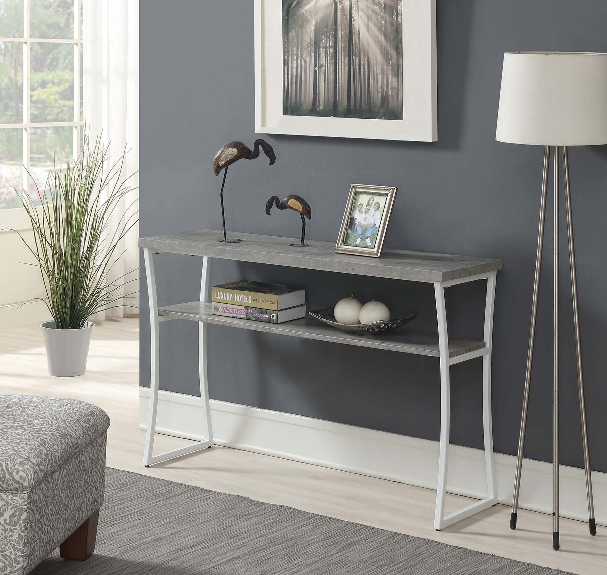 Modern Birch and White Metal Console Table with Storage Shelf