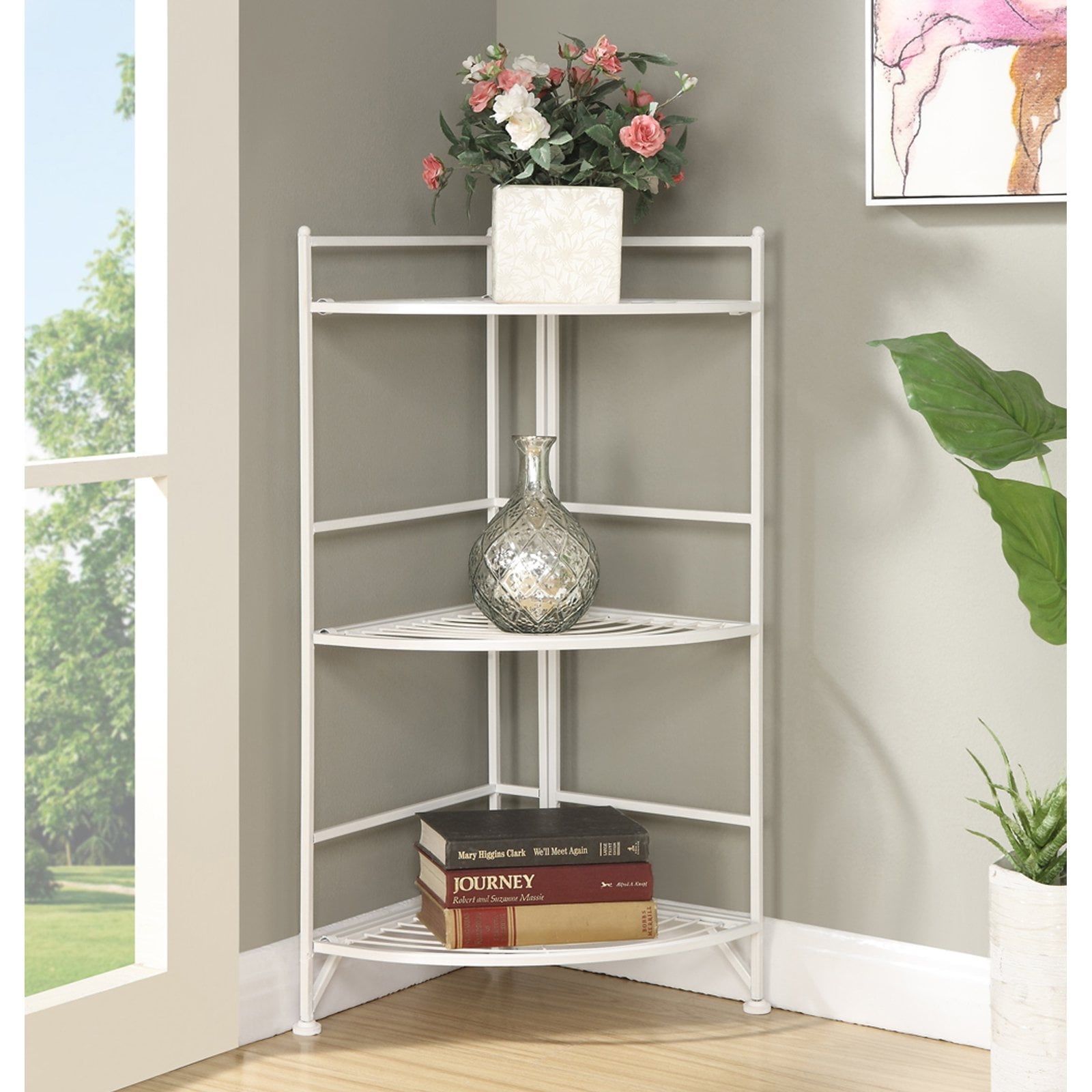 Sleek White Adjustable 3-Tier Wire Corner Storage Shelf