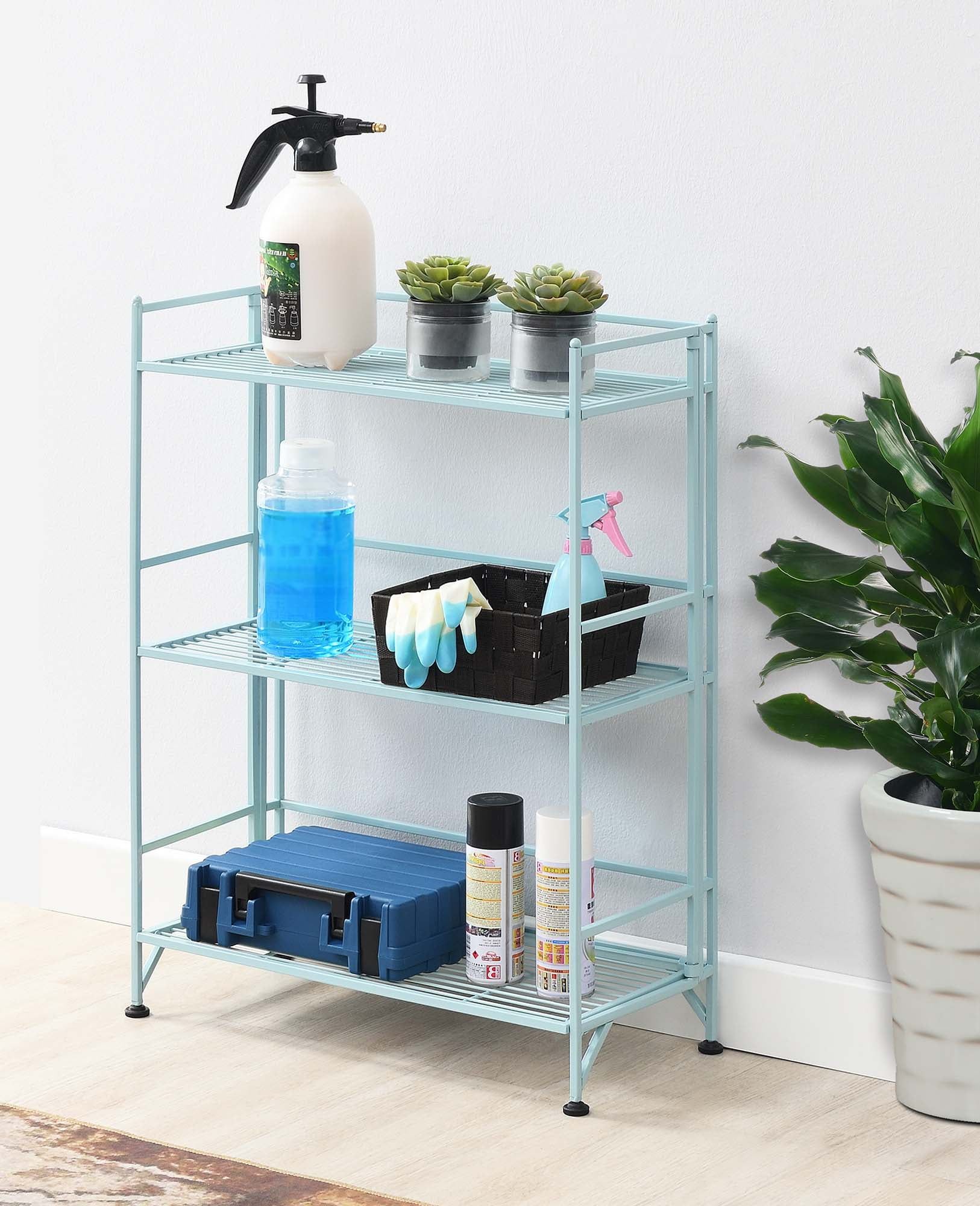 Adjustable Seafoam 3-Tier Wide Folding Metal Shelf