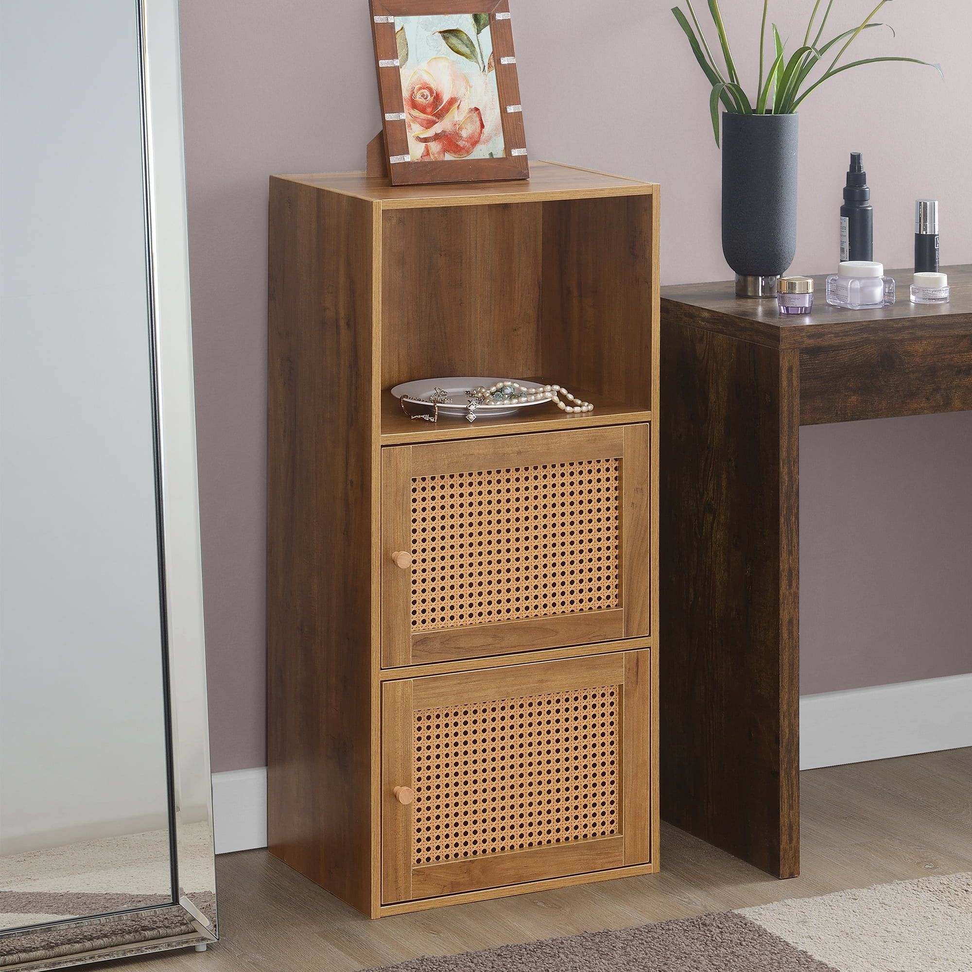 Boho Weave Brown Storage Cabinet with Lockable Shelf, 35.25" Height