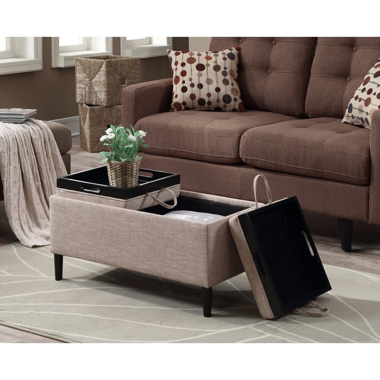 Tan Fabric Storage Ottoman with Reversible Trays