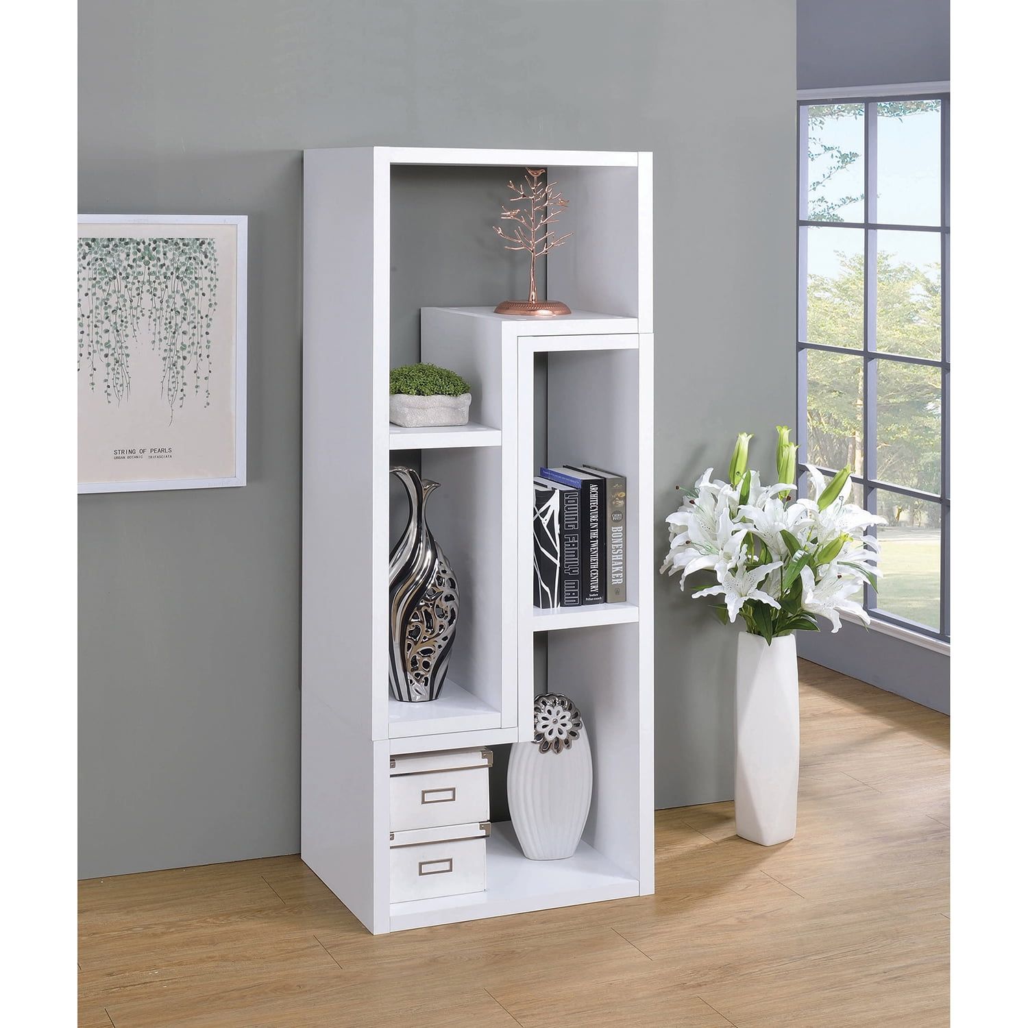 Modern White Convertible TV Console and Bookcase with L-Shaped Shelves