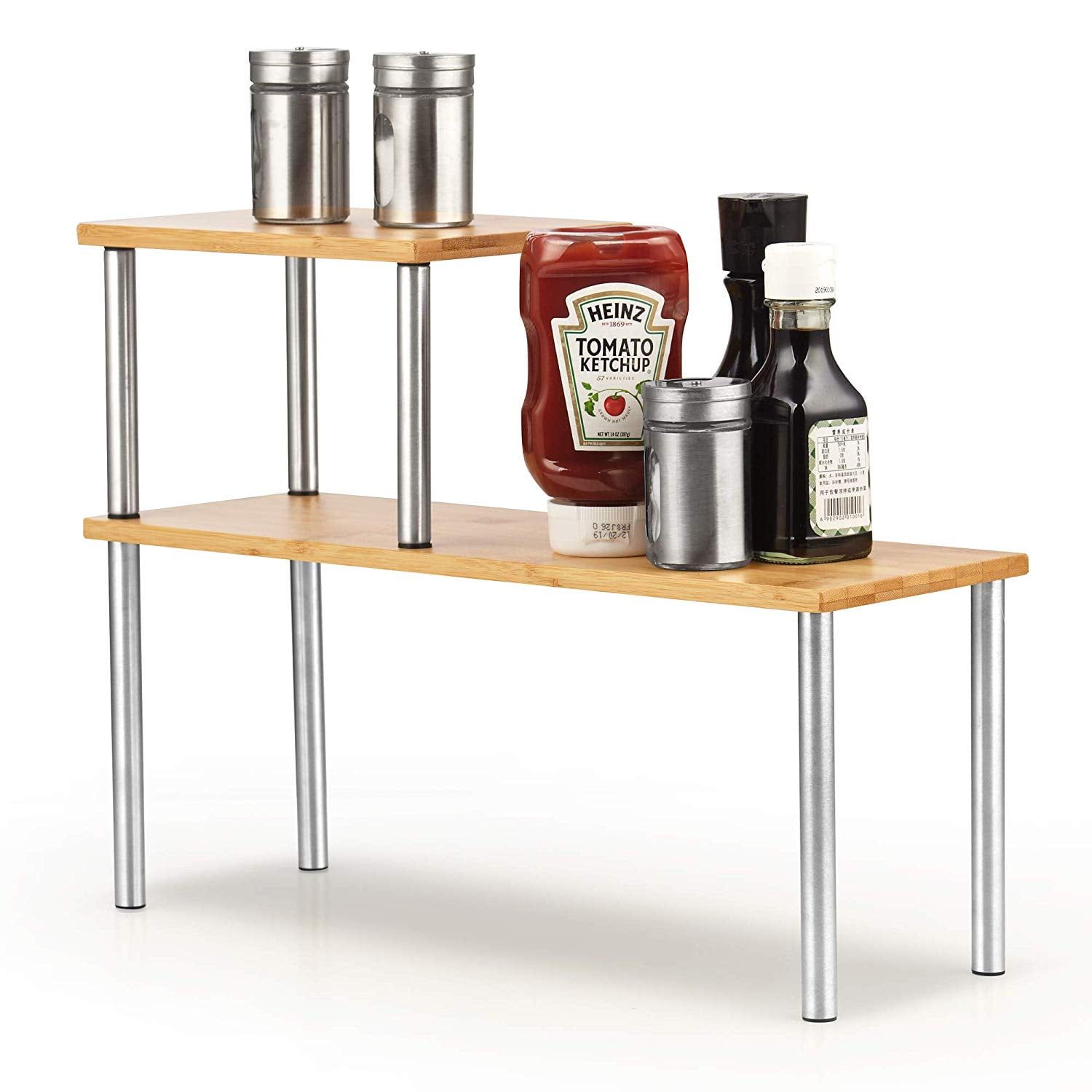 Bamboo and Stainless Steel 2-Tier Corner Storage Shelf