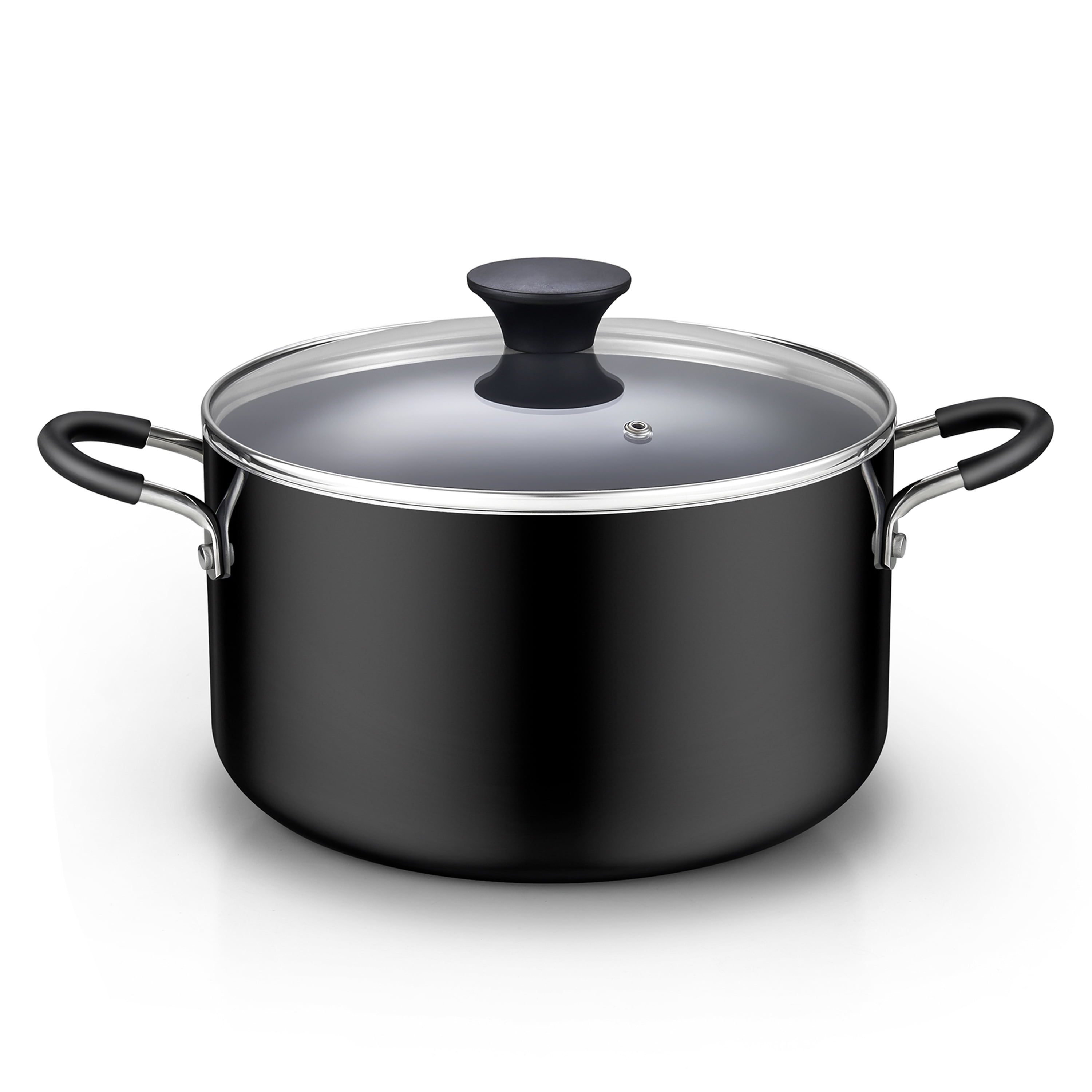 6-Quart Black Aluminum Nonstick Stockpot with Glass Lid