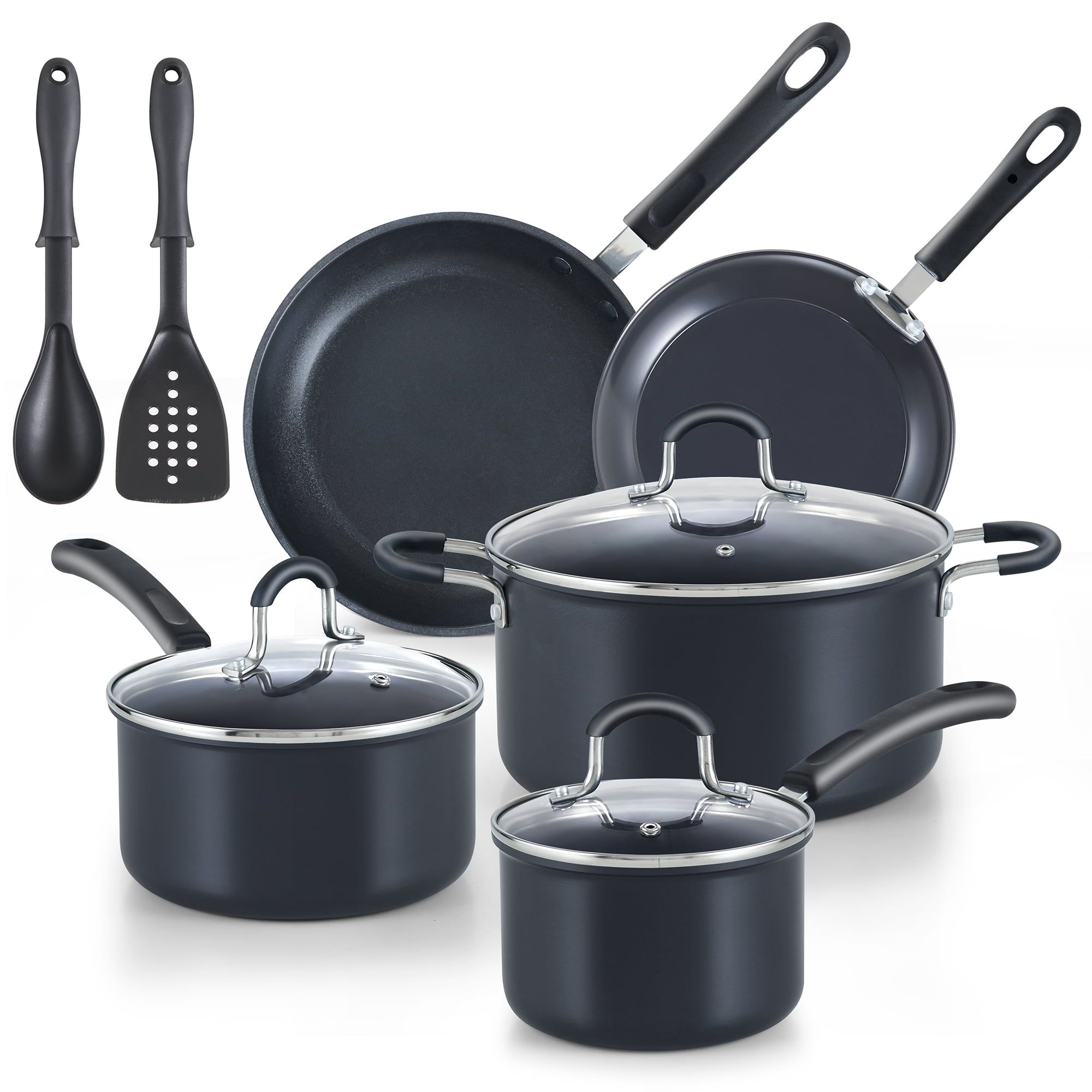 10-Piece Black Aluminum Nonstick Cookware Set with Stay-Cool Handles