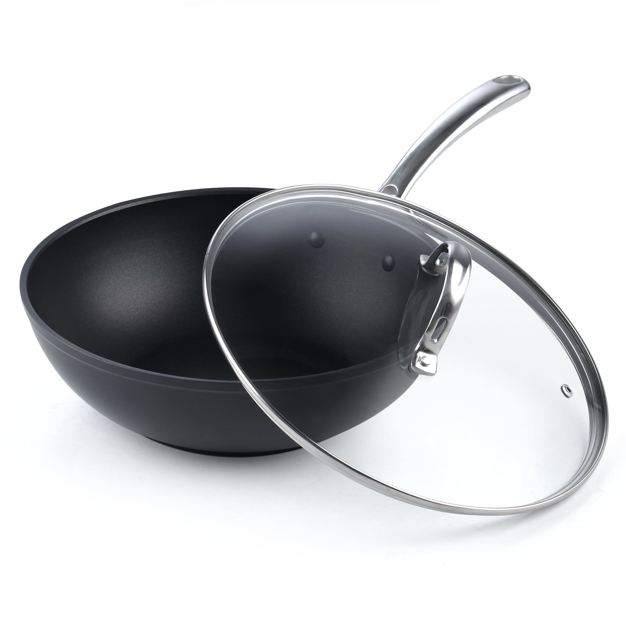 11-Inch Black Hard Anodized Nonstick Wok with Glass Lid