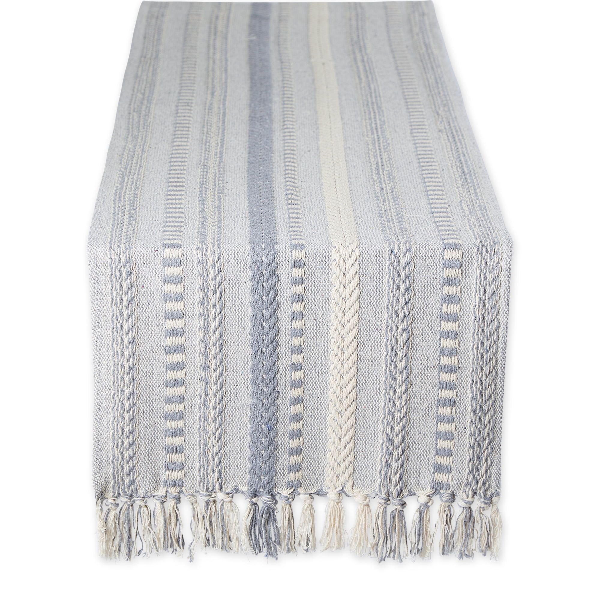 Cool Gray and Off-White Cotton Braided Stripe Table Runner with Fringe