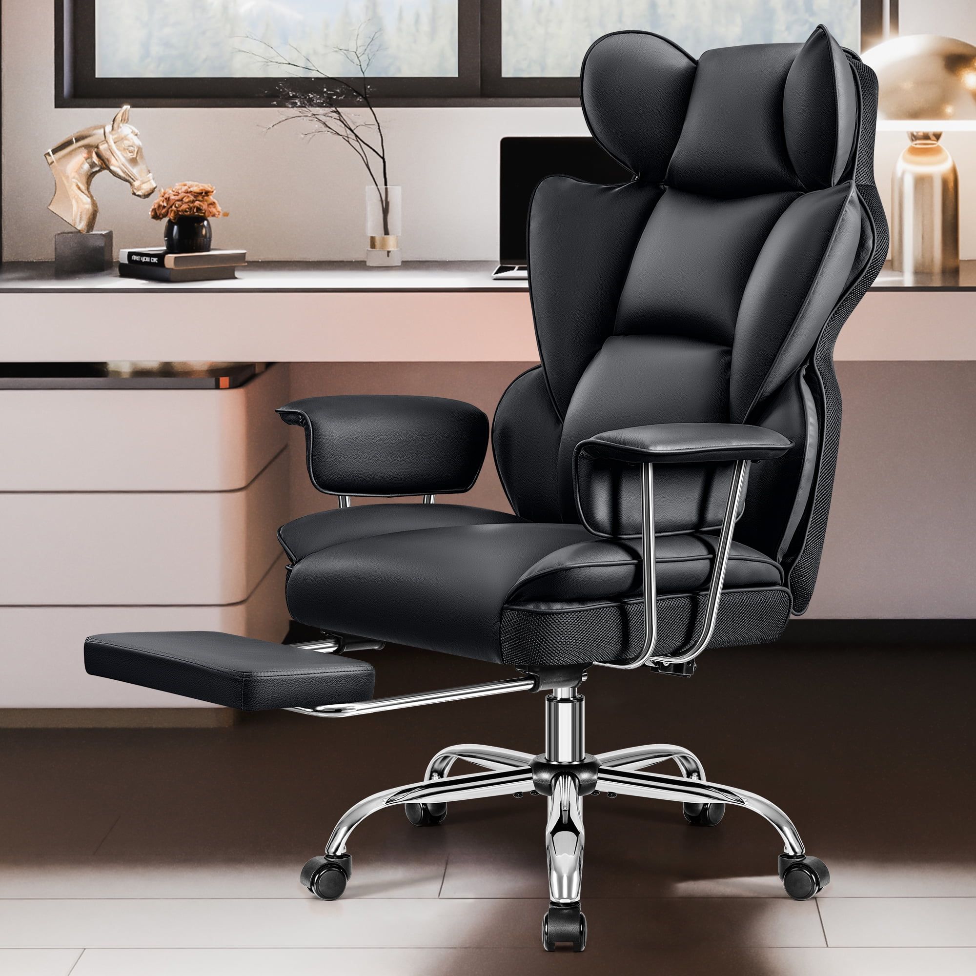 Black High Back Ergonomic Leather Swivel Office Chair with Footrest