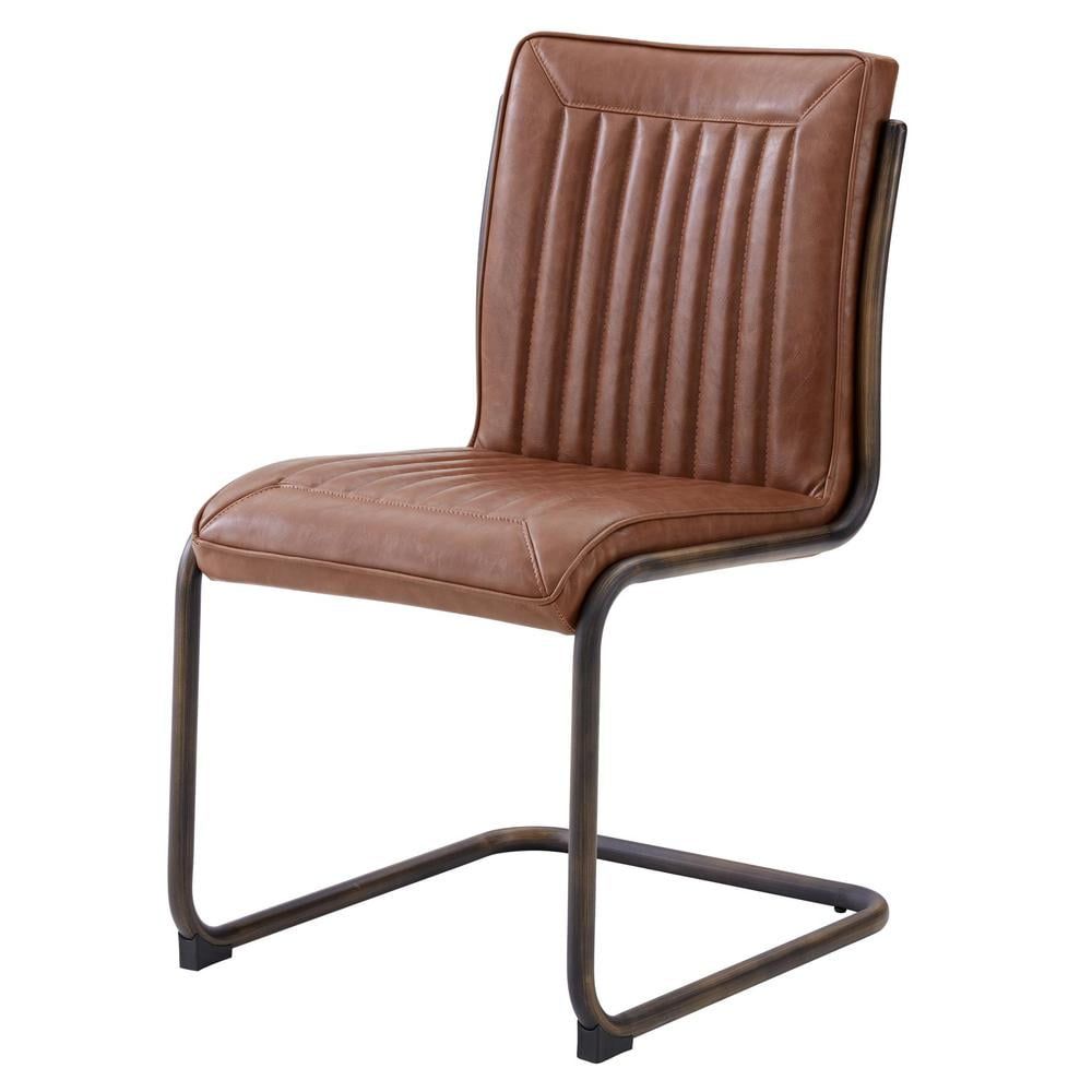 Brown Faux Leather Cantilever Side Chair with Gold Frame