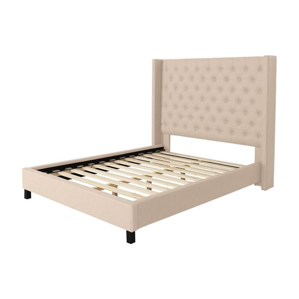 Fairfield Light Beige Upholstered Queen Platform Bed with Tufted Headboard