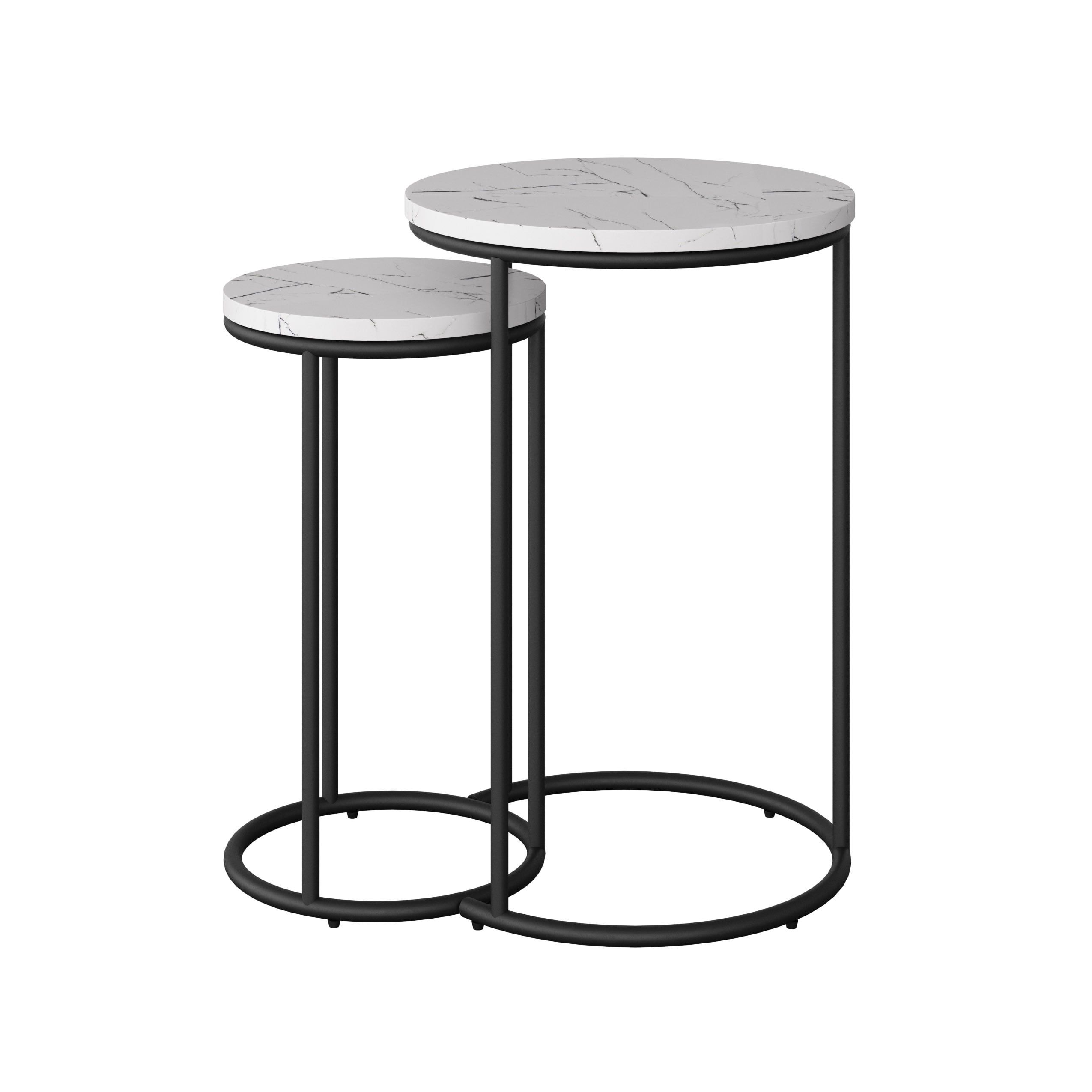 White Marble Finish Round Nesting Side Tables with Black Metal Base