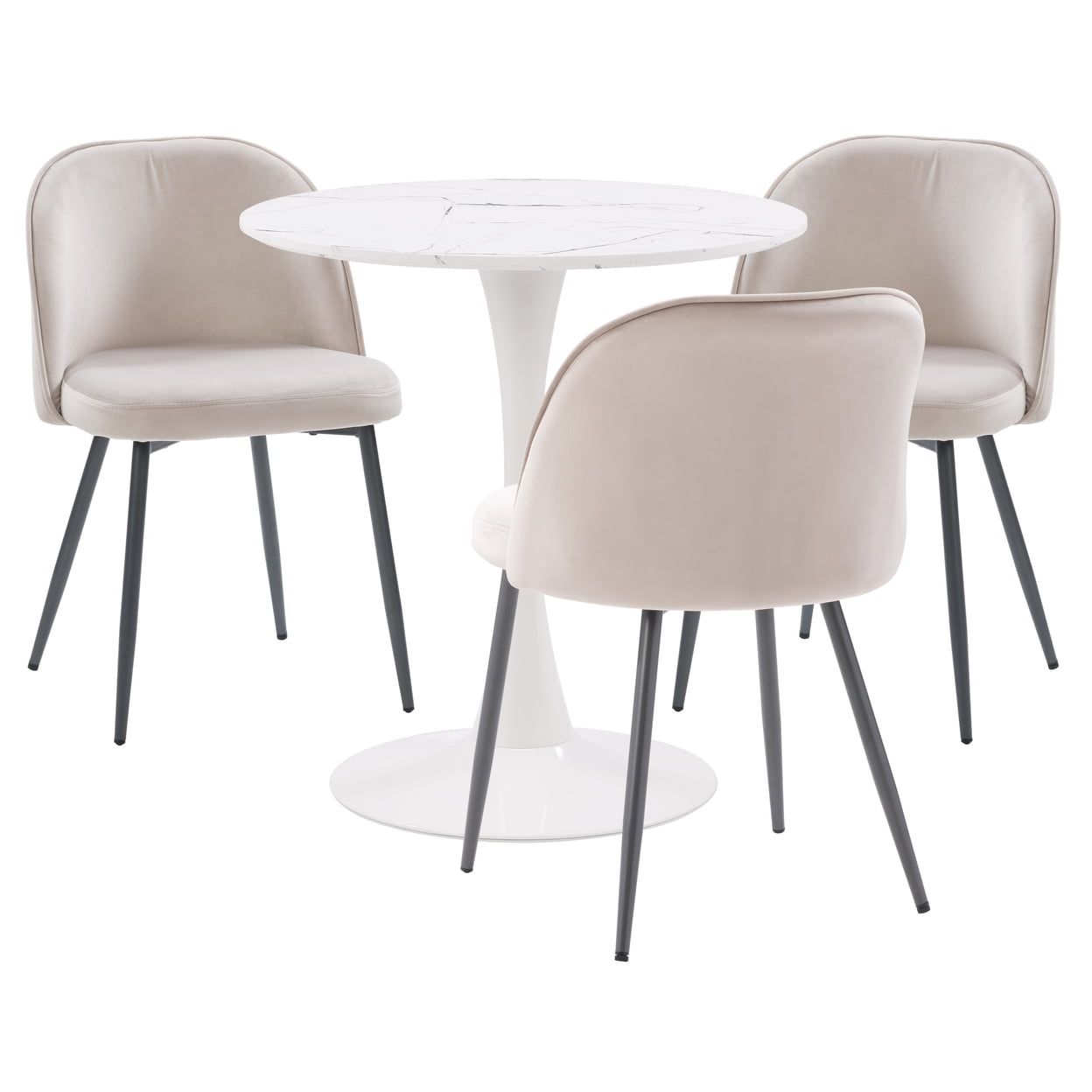 White Marbled Pedestal Bistro Table with Beige Velvet Chairs