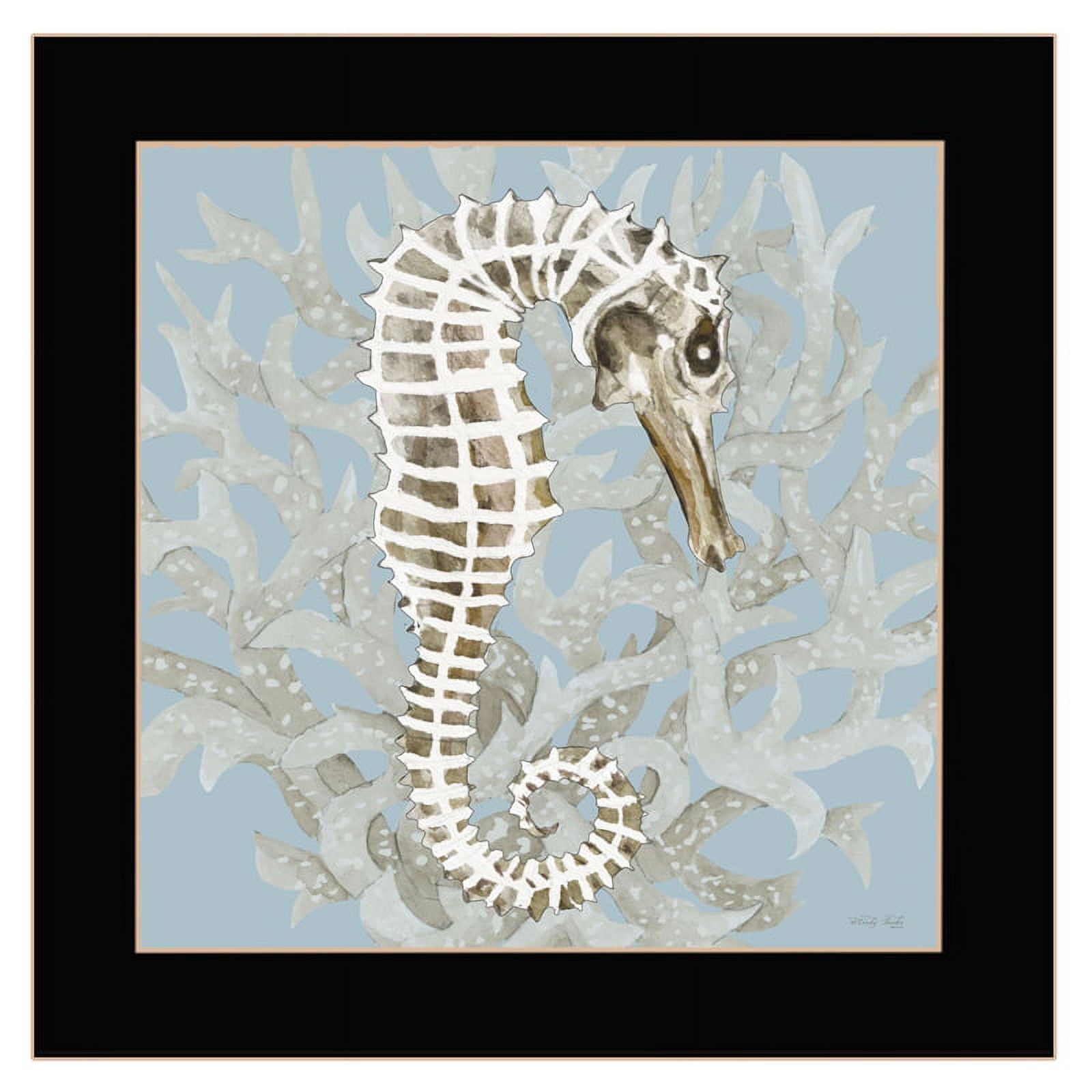 14" x 14" Blue and White Seahorse Print on Canvas with Black Frame