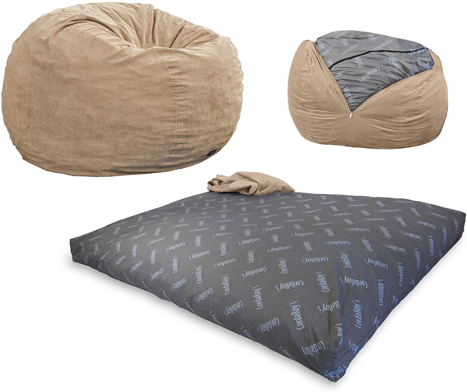 Khaki Corduroy Full Size Convertible Bean Bag Chair with Removable Cover