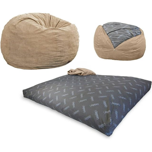 Khaki Corduroy Full Size Convertible Bean Bag Chair with Removable Cover
