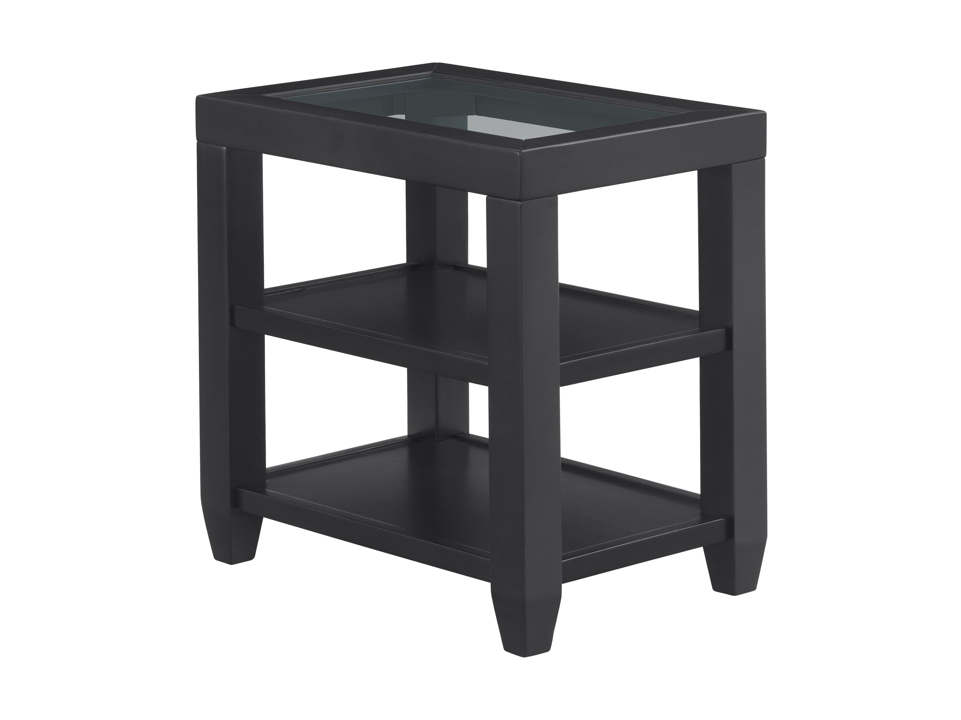 Black Glass Top Chairside Table with Shelves