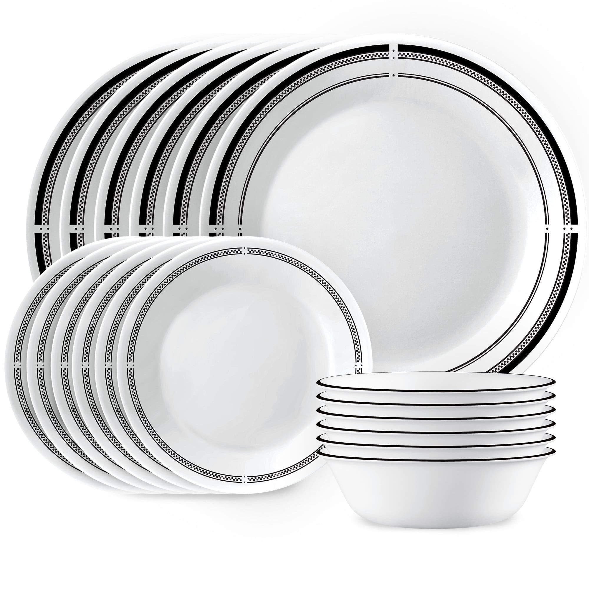 Corelle 18-Piece Glossy White and Black Glass Dinnerware Set