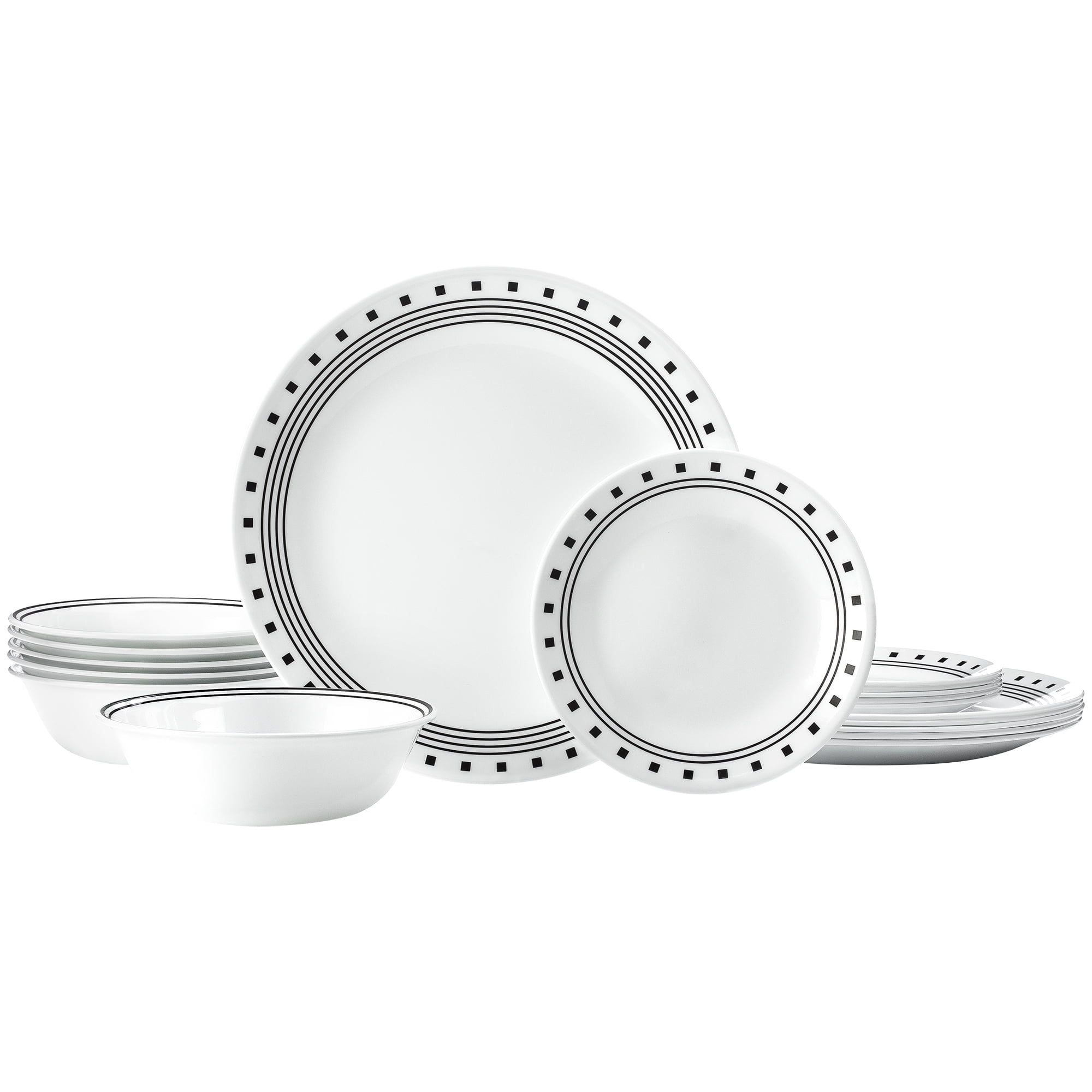 White and Black Glass 18-Piece Dinnerware Set, Service for 6