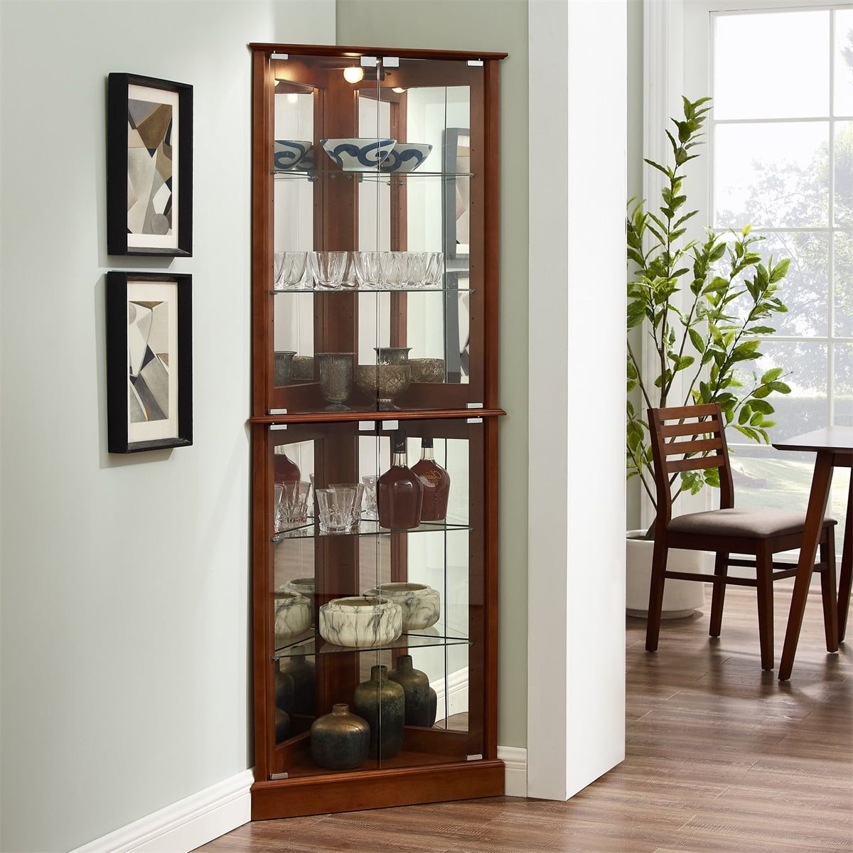 Walnut 72" Lighted Corner Curio Cabinet with Glass Shelves