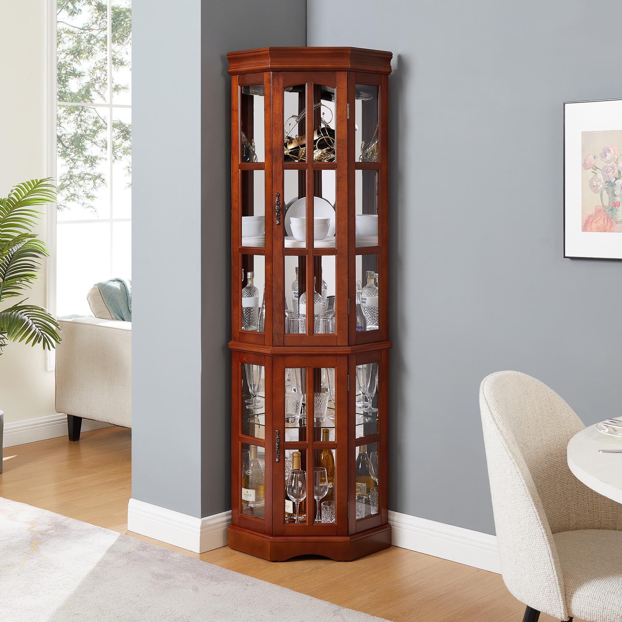 Walnut Corner Curio Cabinet with Adjustable Glass Shelves