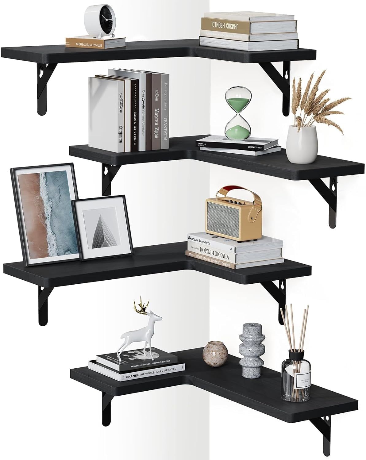 Black Wood Corner Floating Shelves Set of 4