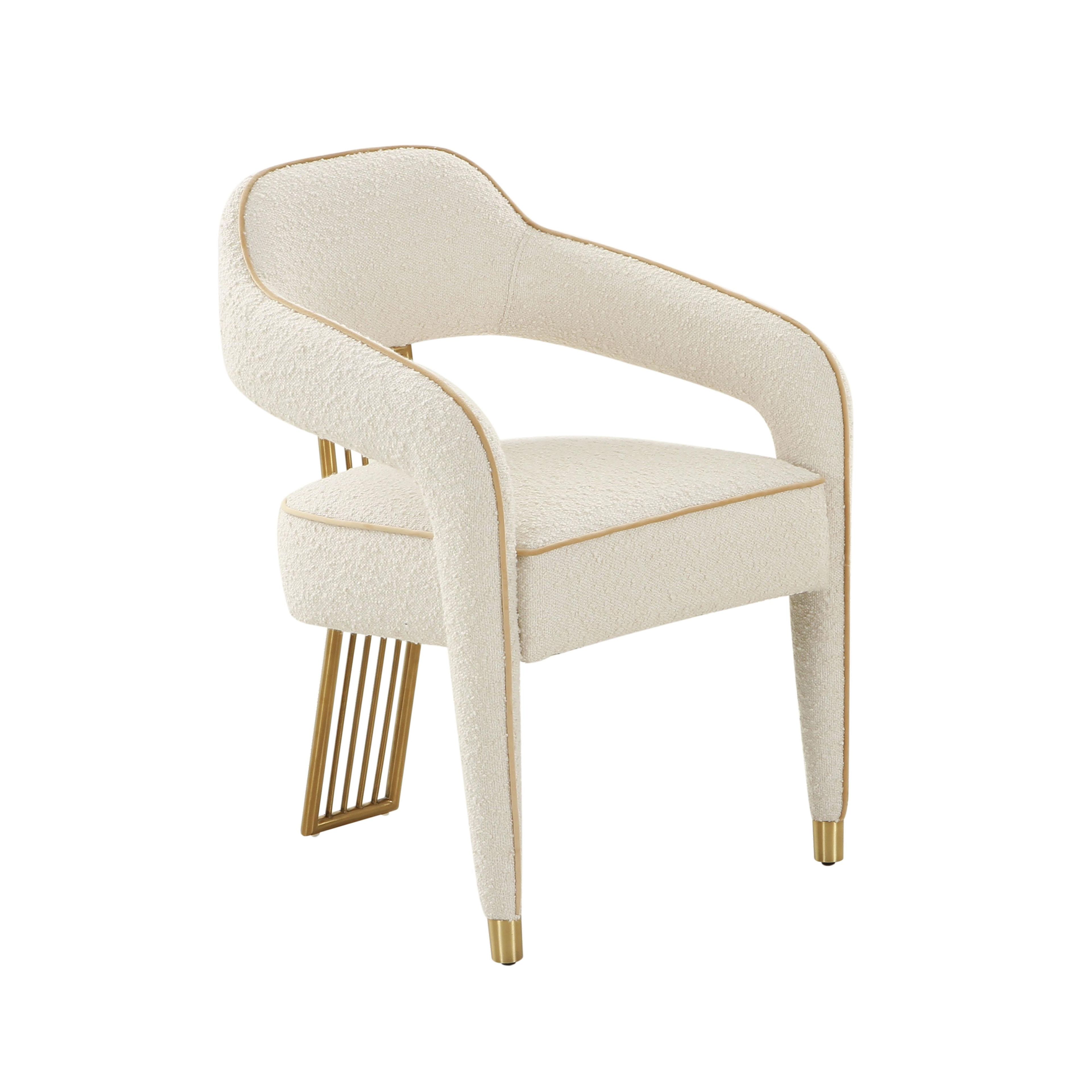 Cream Linen Upholstered Arm Chair with Gold Metal Accents