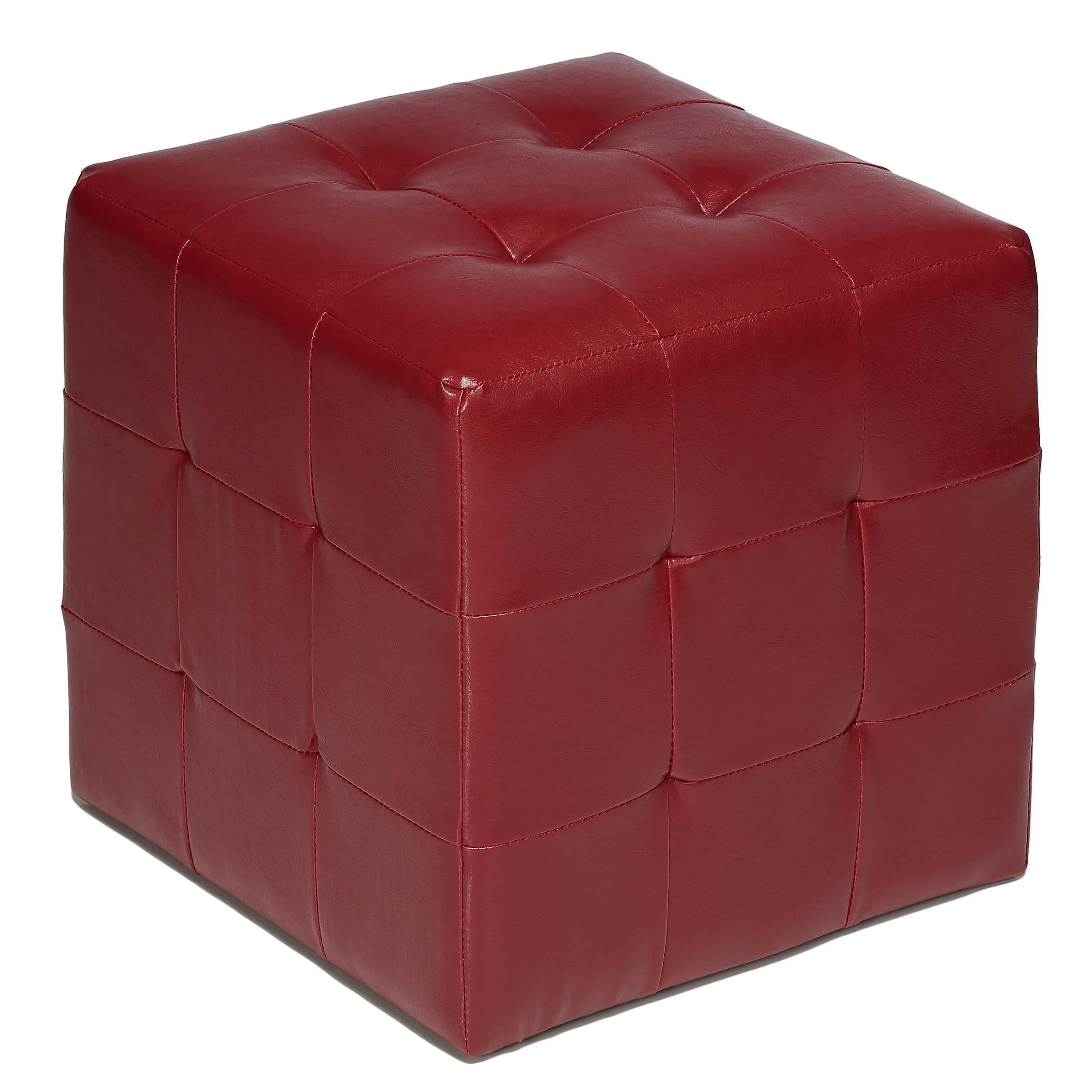 Casual Red Leather Tufted Cube Ottoman with Non-Marking Feet